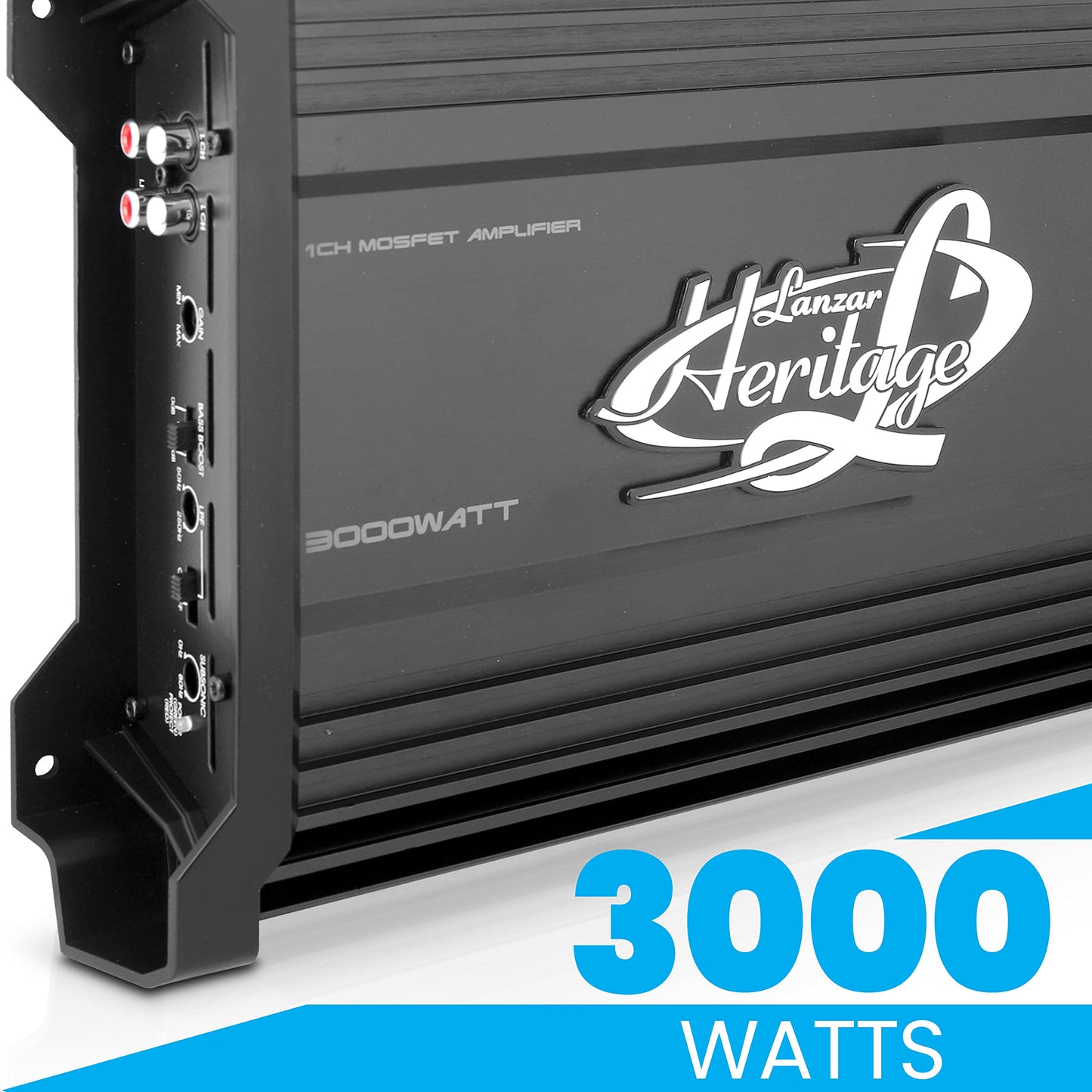 Lanzar 1 Channel Car Audio Amplifier, 3000 Watt, Monoblock, 2 Ohm, MOSFET, Nickel Plated RCA Input, Bass Boost Circuit, Electronic Crossover Network, Power Protection LEDs - HTG157