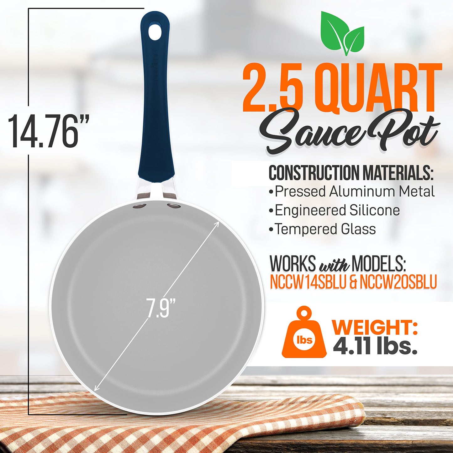 NutriChef Sauce Pot with Lid - Non-Stick High-Qualified Kitchen Cookware with See-Through Tempered Glass Lids, 2.5 Quart (Works with Models: NCCW14SBLU & NCCW20SBLU)