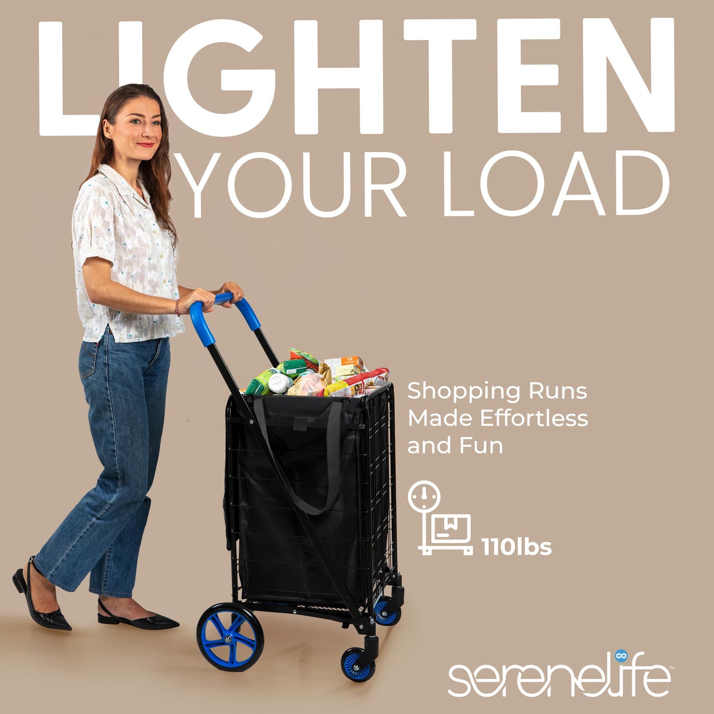 SereneLife Large Folding Utility Shopping Cart with Removable Liner – Heavy Duty, 360° Swivel Wheels, 110 lb Capacity, Portable for Groceries, Laundry, Luggage, and More(Blue)
