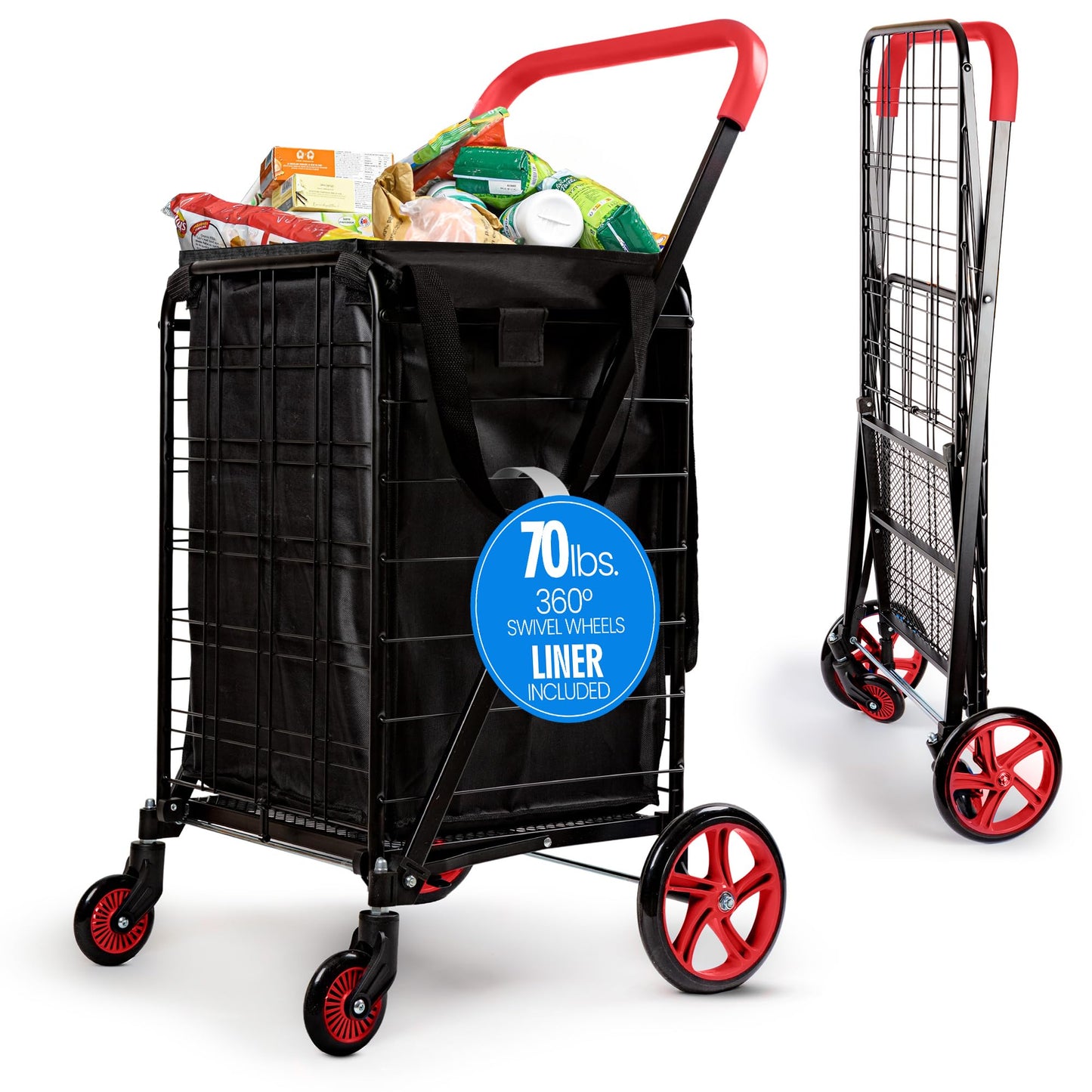 SereneLife Small Compact Folding Shopping Cart with Removable Waterproof Liner – 360° Swivel Wheels, Rust‑Proof Steel Frame, 70 lb Capacity – Portable Grocery, Laundry & Travel Cart (Red)