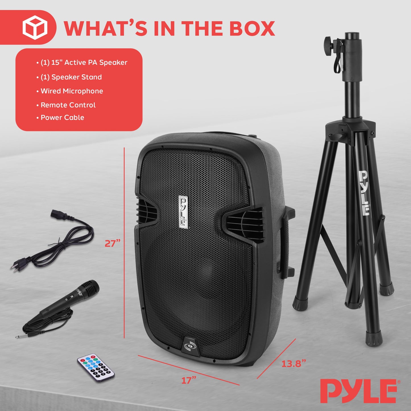 Pyle PPHP155ST Wireless Portable PA Speaker System - 1500W High Powered Bluetooth Compatible Active Outdoor Sound Speakers w/ USB SD MP3 RCA - 35mm Mount, Stand, Microphone, Power Cable, Black, 15"