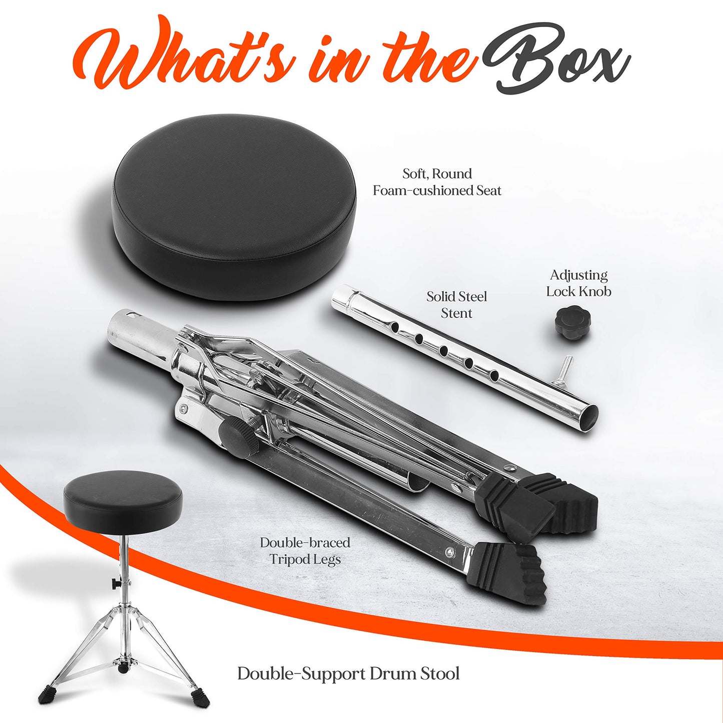 Pyle Adjustable Drum Throne Stool - Portable with Double-braced Tripod Legs, Foam-Cushioned Seat, Perfect for On Stage and in-Studio Use PSEATDRM28