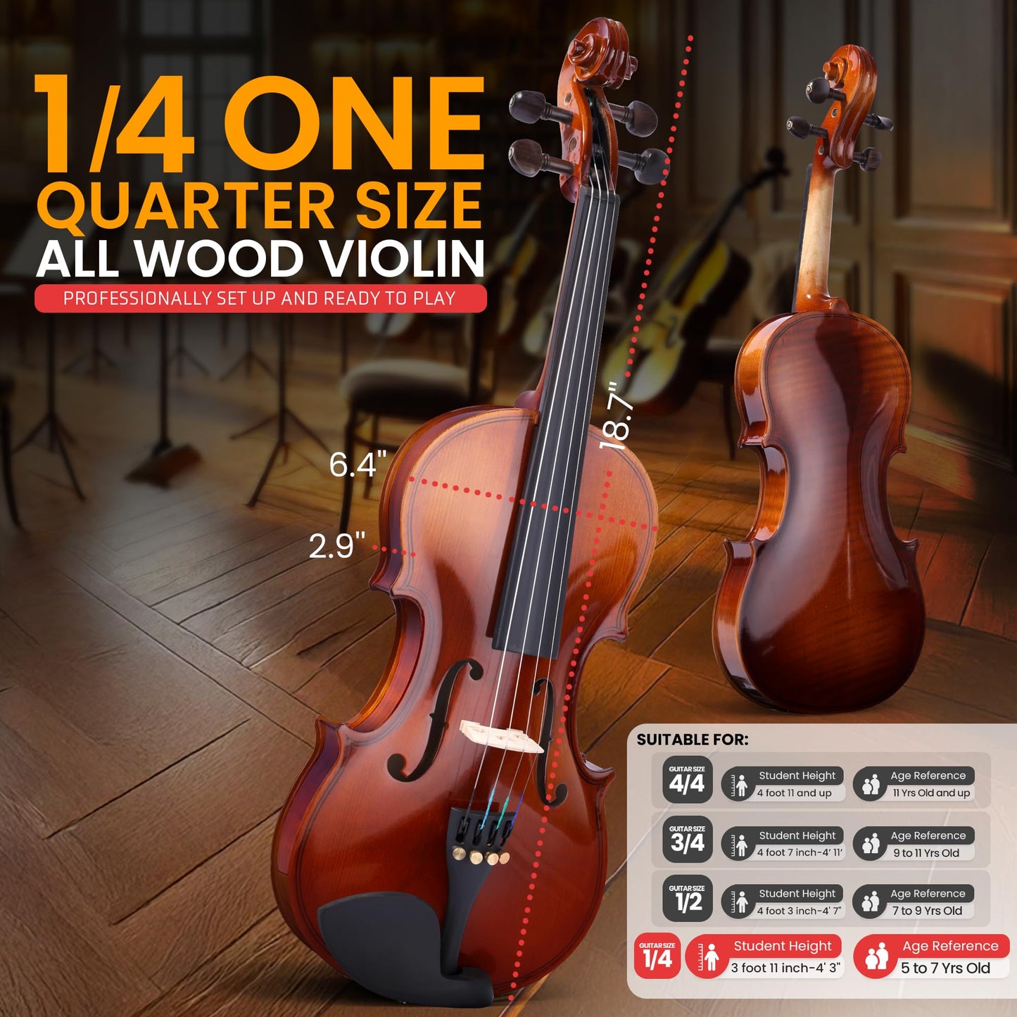 Pyle 1/4 Size Beginner Violin Starter Kit, Violin Starter Package with Travel Case & Bow, Extra Strings, Digital Tuner, Shoulder Rest & Cleaning Cloth for Students, Kids, Adults