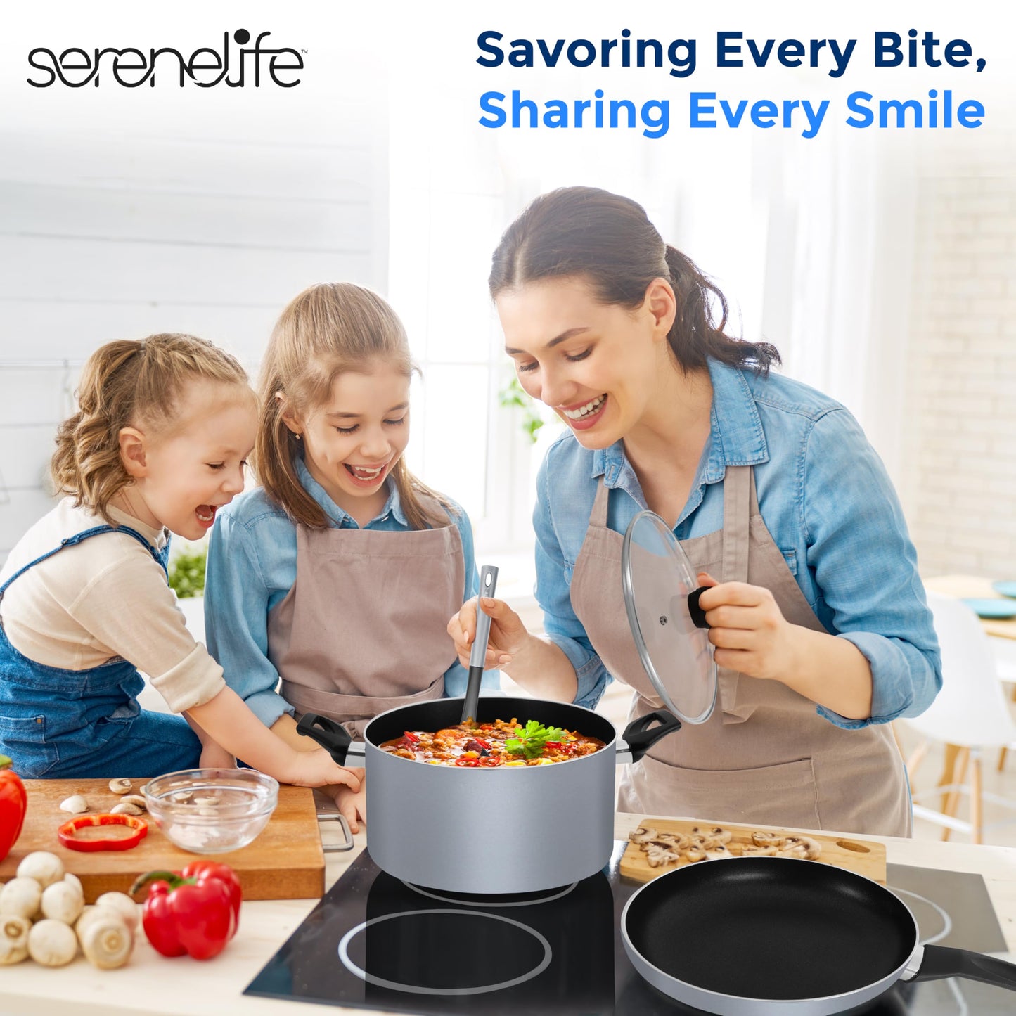 SereneLife Kitchenware Pots & Pans Basic Kitchen Cookware, Black Non-Stick Coating Inside, Heat Resistant Lacquer (15-Piece Set), One Size, Gray