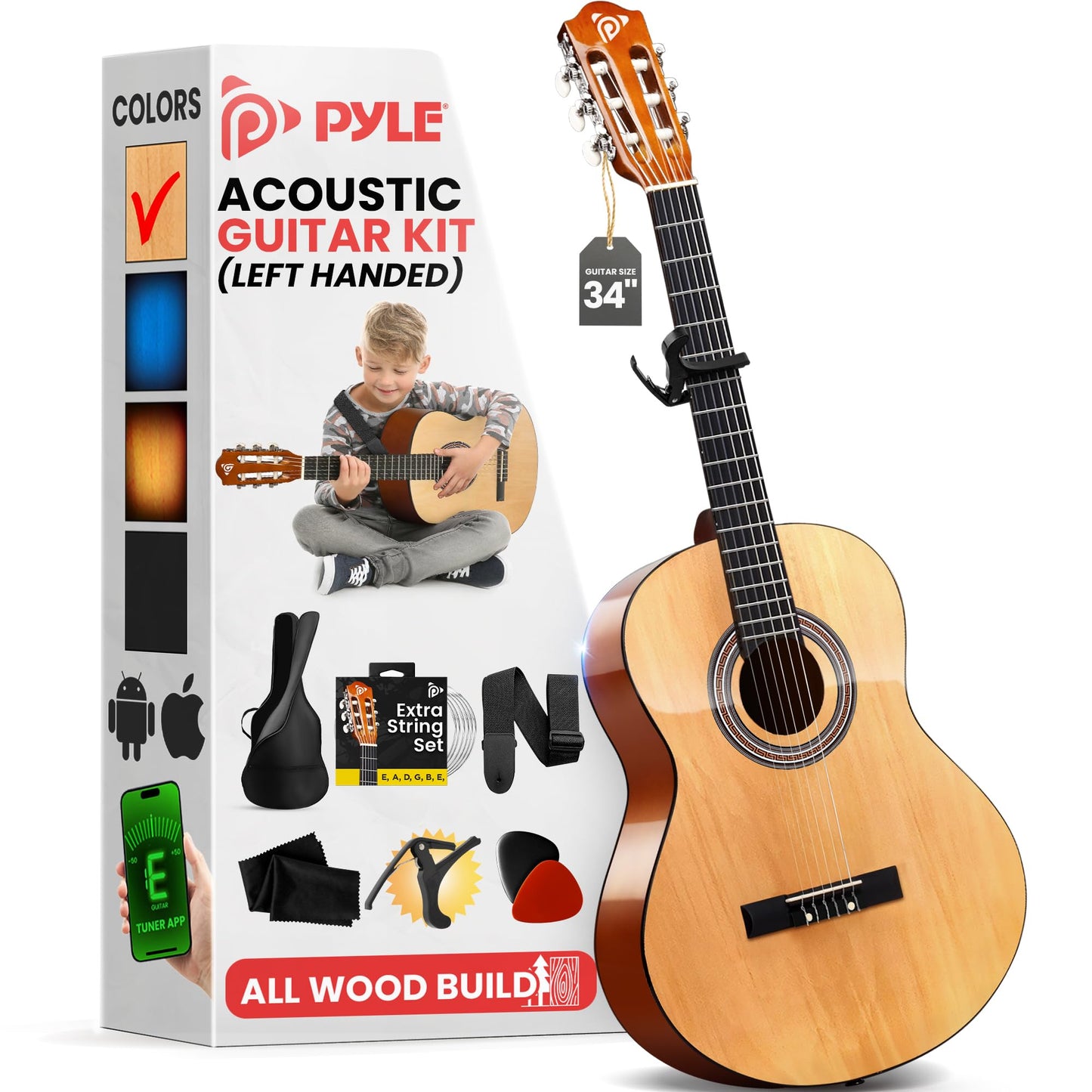 Pyle Classical Guitar Starter Kit - 34" 1/2 Size All Wood Instrument with Capo, Gig Bag, Strings, Strap, Picks (Natural Gloss)