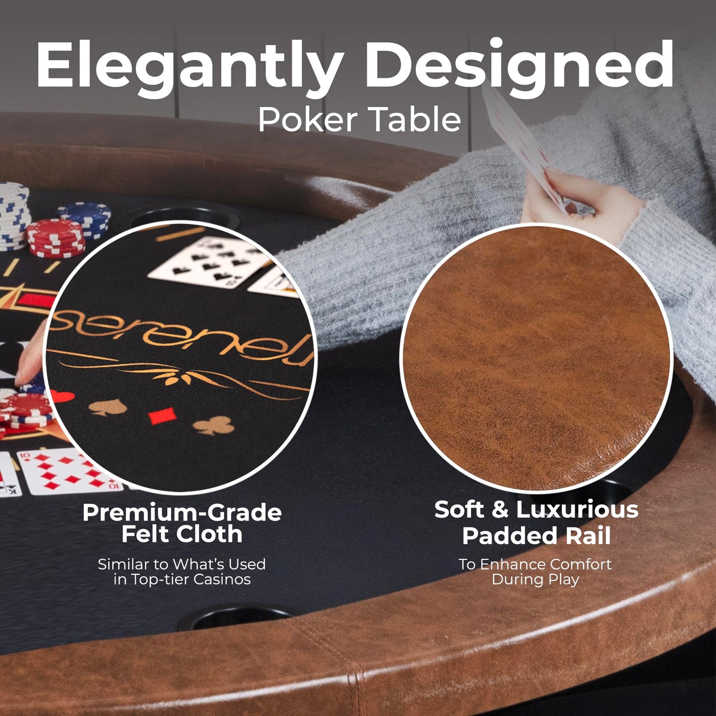 SereneLife 8- Player Round Foldable Poker Table, Casino Leisure Texas Holdem Table, w/ water Resistant Cushioned Rail, 8 Cup Holders, Brown Felt Surface, Black Jack Board & Family Games (Chocolate)