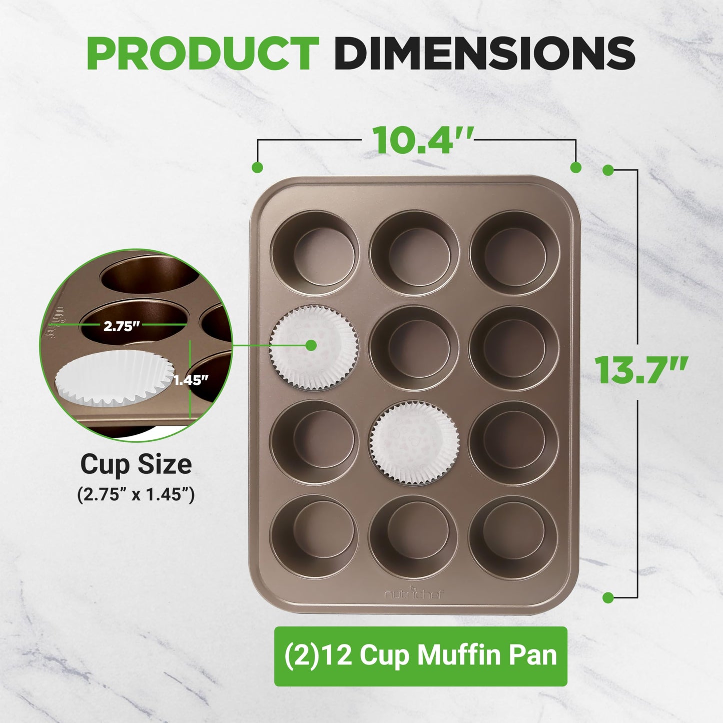 NutriChef 12 Cup Nonstick Muffin Pans for Cupcakes, 2-Piece Cupcake Mould, Non-Toxic Carbon Steel Stackable Cup Cake Tray, Dishwasher Safe, Easy Release, Easy clean - Gold