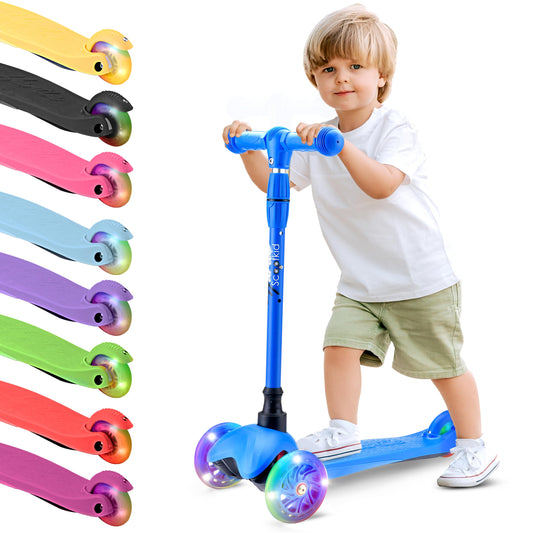 Hurtle Mini Kickboard Scooter for Kids - Height Adjustable 25''-28'', Lightweight 3-Wheel with LED Light-up Wheels, Anti-Slip, Indoor/Outdoor Fun, for Ages 2-5 (Blue)
