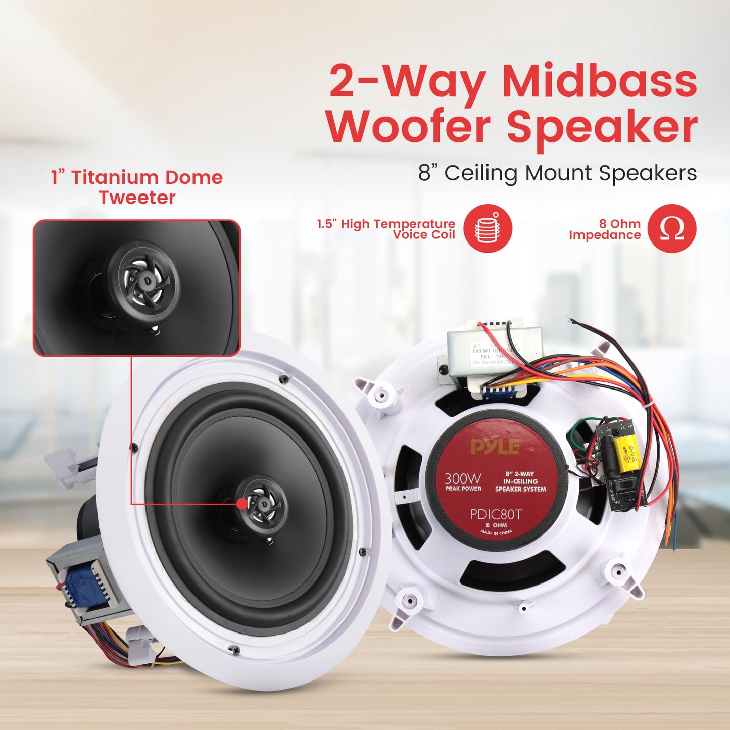 Pyle 8” Ceiling Wall Mount Speakers - Pair of 2-Way Midbass Woofer Speaker 70v Transformer Directable 1” Titanium Dome Tweeter Design w/ 55Hz-22kHz Frequency Response & 300 Watts Peak - Pyle PDIC80T White
