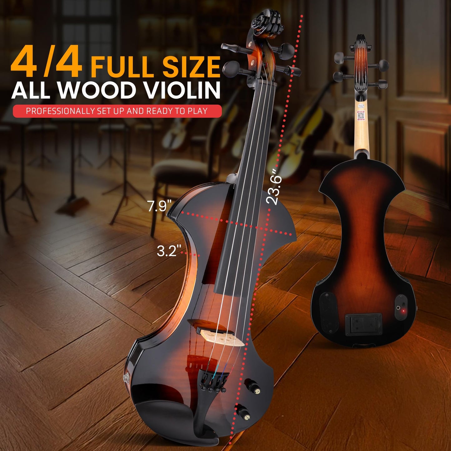 Pyle Full Size Electric Violin Kit - 4/4 Solid Wood Silent Fiddle with Hard Case, Bow, Ebony Fittings, and Digital Tuner