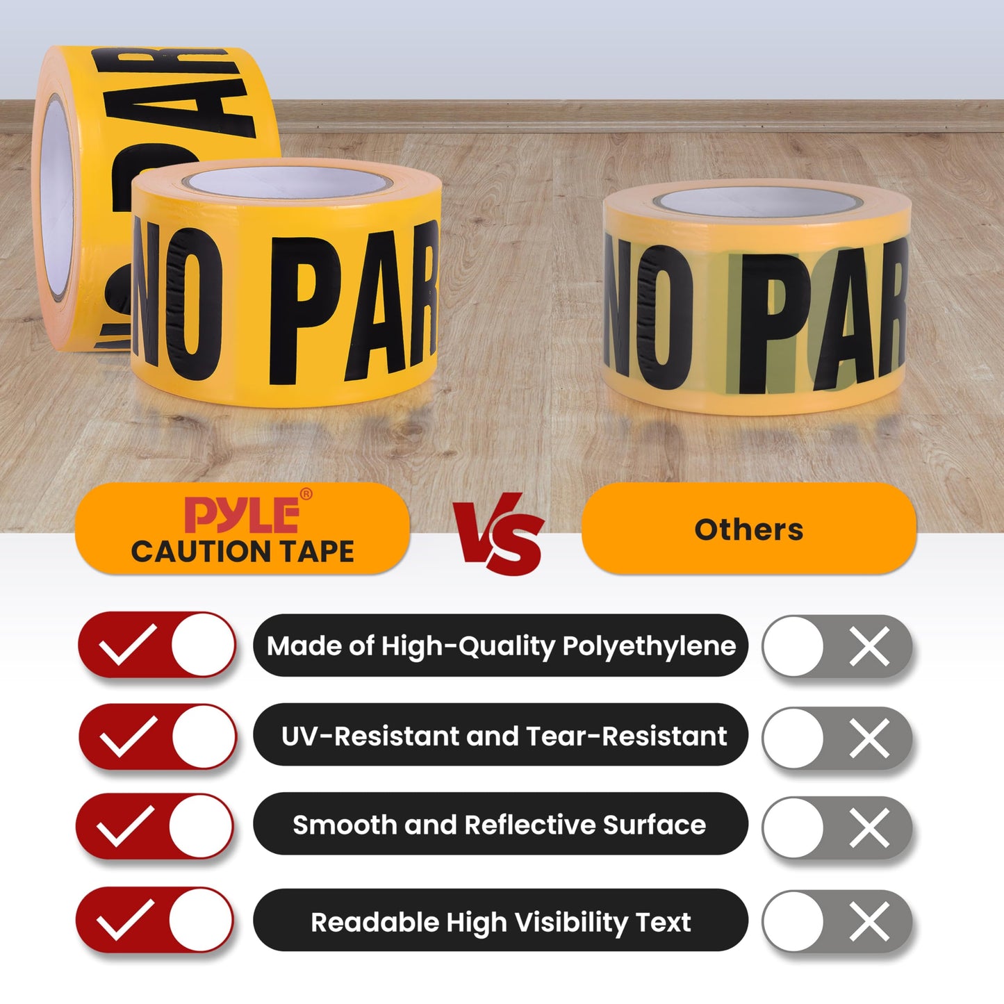 pyle "No Parking Caution Tape Yellow, 200 Meter Roll of Non-Adhesive Safety Barricade Warning Tape, Highly Durable & Visible for Indoor/Outdoor Use 12 pc