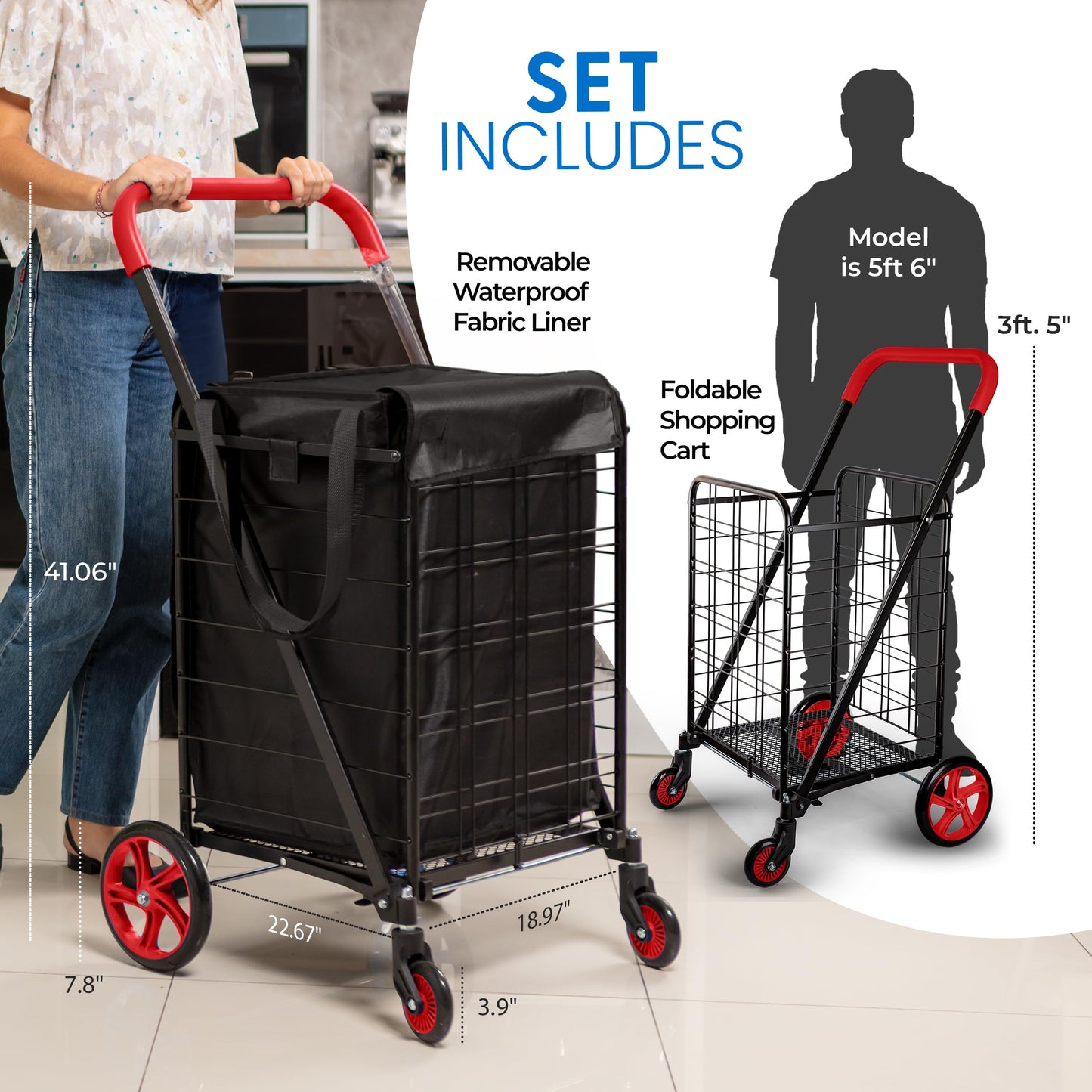 SereneLife Large Folding Utility Shopping Cart with Removable Liner – Heavy Duty, 360° Swivel Wheels, 110 lb Capacity, Portable for Groceries, Laundry, Luggage, and More (Red)