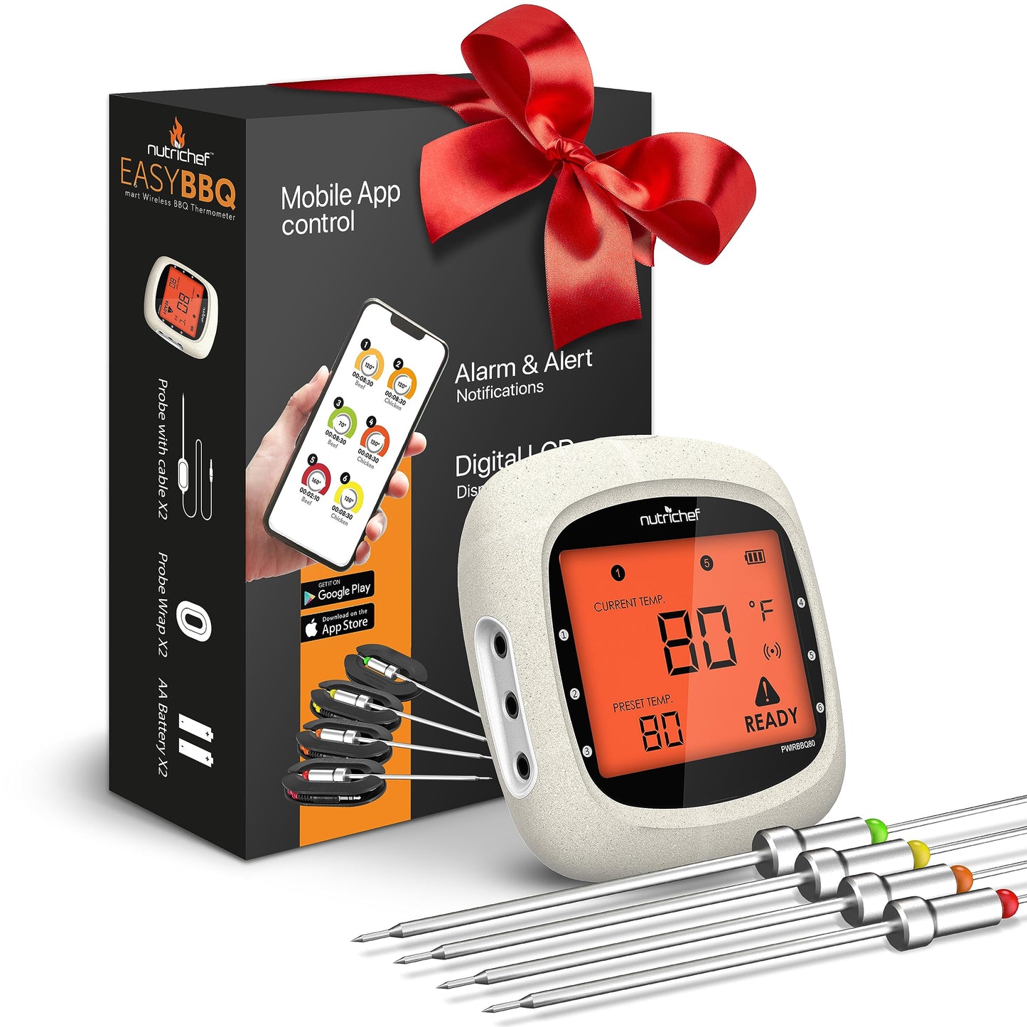 Nutrichef Bluetooth Meat Thermometer for Grilling and Smoking with 4 Wireless Meat Probes, 4 Channels with LCD Display