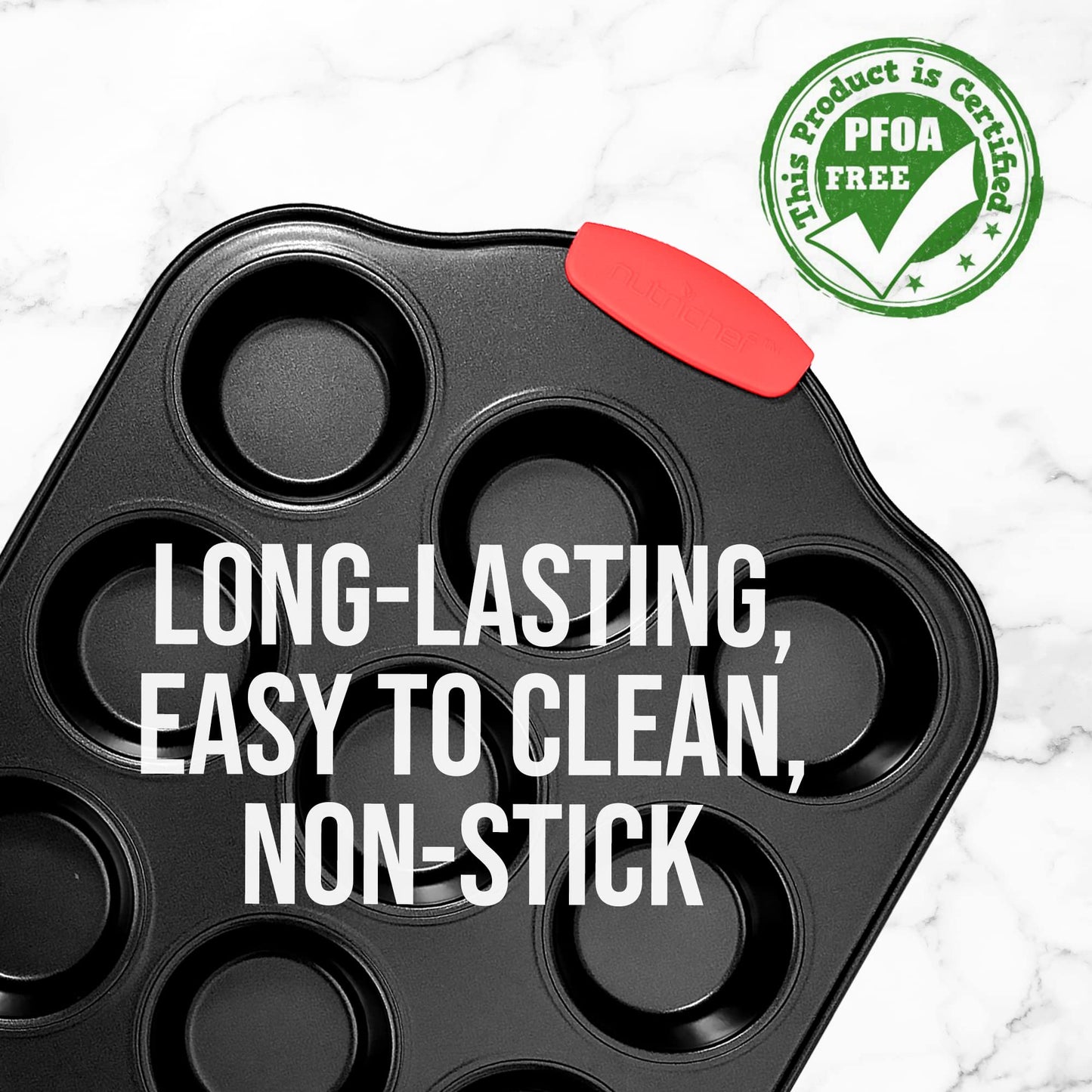 Nutrichef 12 Cup Muffin Pan, Durable and Nonstick Carbon Steel Bake Pan with Silicone Handles, Kitchen Essential Cupcake Pan, Stain Resistant, Easy Clean, PFOA, PFOS, PTFE Free, 16.22'' x 10.43''