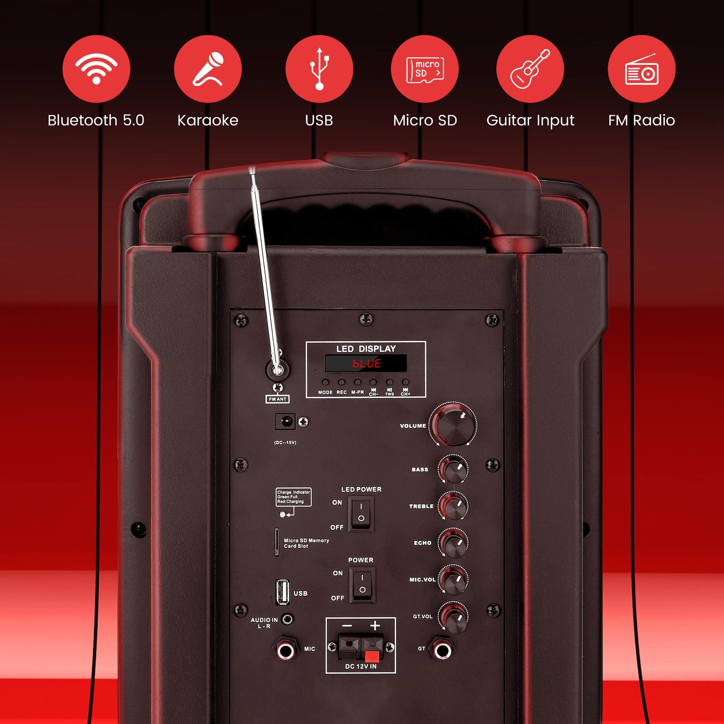 Pyle PHPWA15TB 15’' Portable PA Speaker System - Wireless BT Streaming PA & Karaoke Party Audio Speaker, Two Wireless Mic, Wired Microphone, Tablet Stand, Flashing Party Lights, MP3/USB/FM Radio