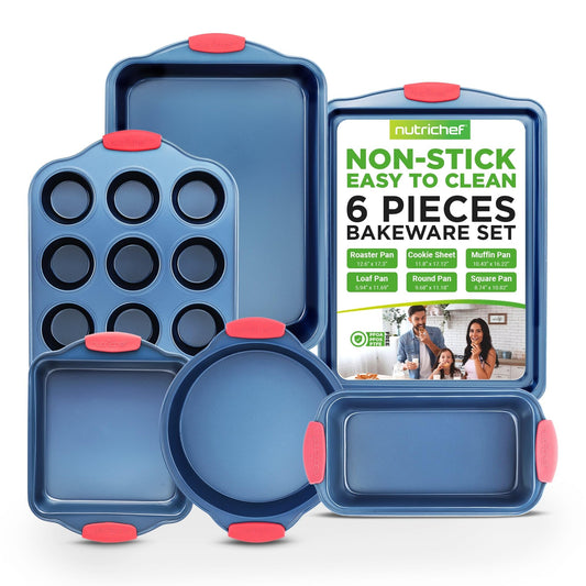 NutriChef 6-Piece Non Toxic Bakeware Set – Carbon Steel Baking Pan Includes Cookie, Muffins, Loaf, Bread, Round & Square Pans, Non-Stick, Easy Release, & Easy Clean