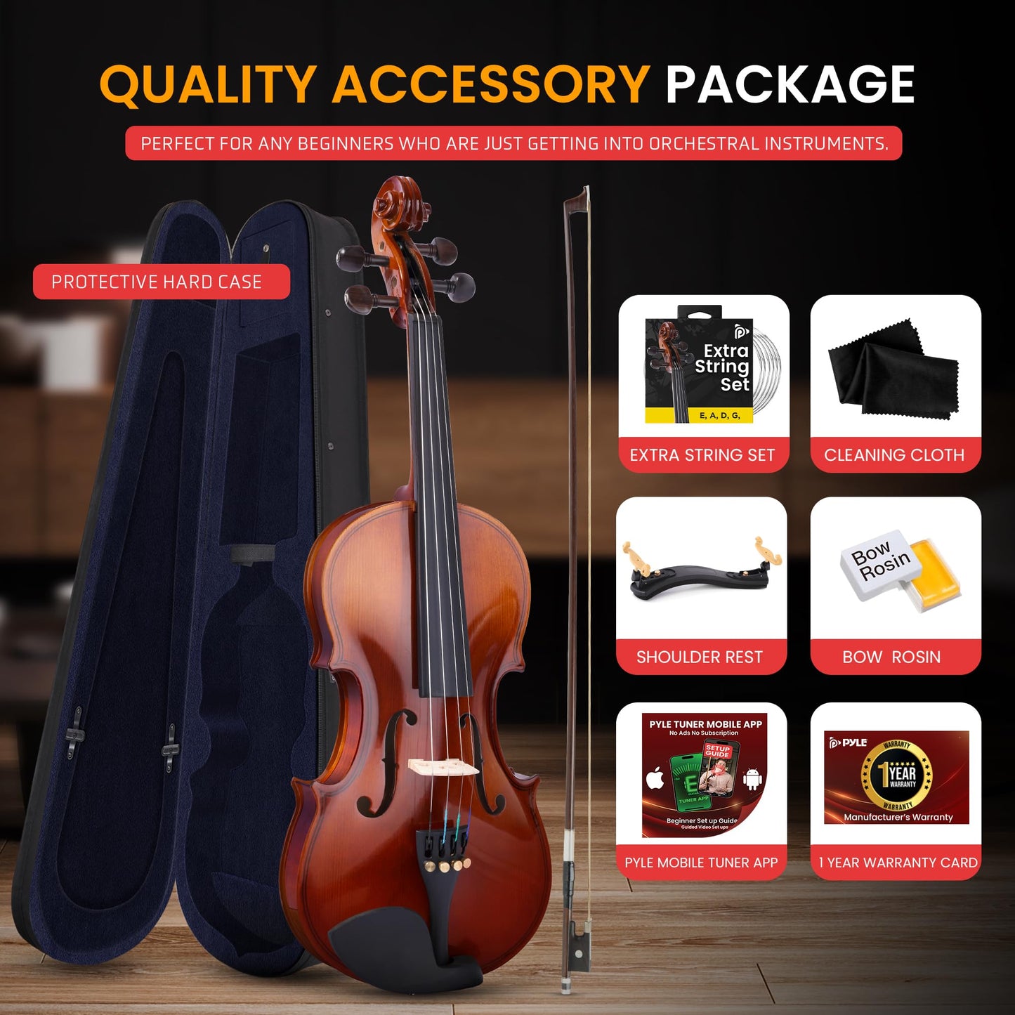 Pyle 1/4 Size Beginner Violin Starter Kit, Violin Starter Package with Travel Case & Bow, Extra Strings, Digital Tuner, Shoulder Rest & Cleaning Cloth for Students, Kids, Adults