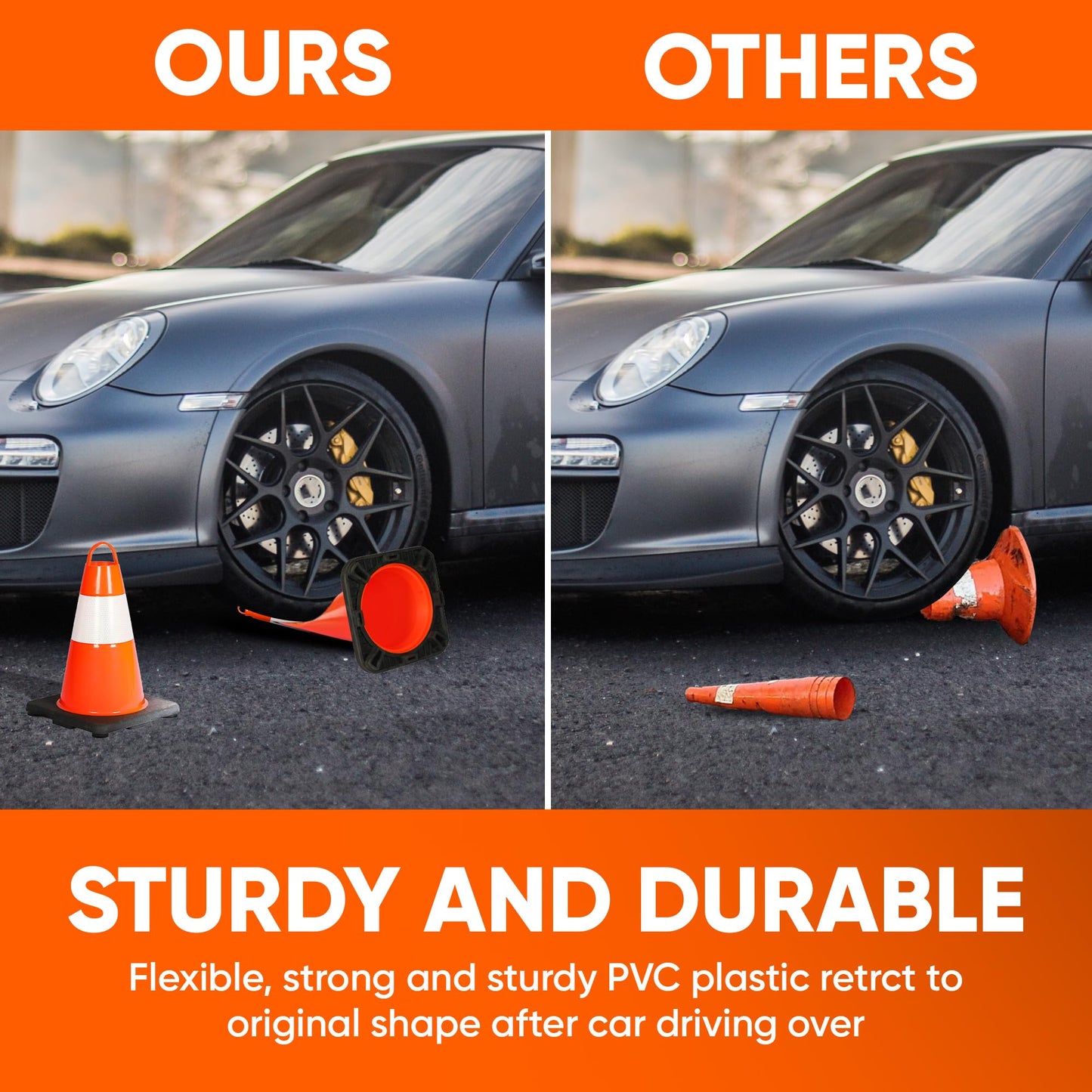 Pyle 12" PVC Traffic Cones, 6-Pack Safety Cones for Parking, Construction, Roadwork, & Sports Training, High-Visibility Orange, Durable, Stackable Design, Heavy-Duty Base for Stability in All Weather