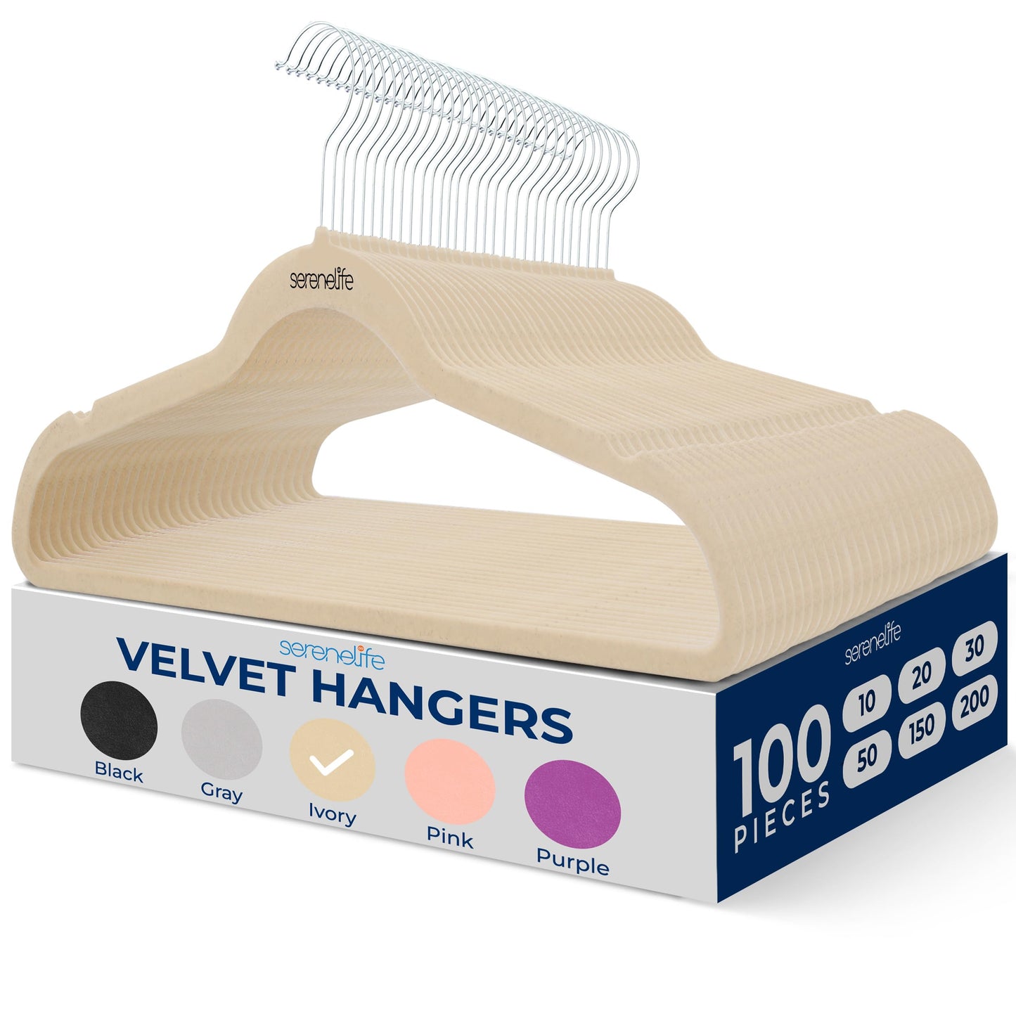 SereneLife 100 Pack Velvet Non-Slip Heavy Duty Adult Hangers – Ultra-Thin Space Saving Clothes Organizer with 360° Swivel Hook for Coats Shirts Dresses Closet Storage – Ivory