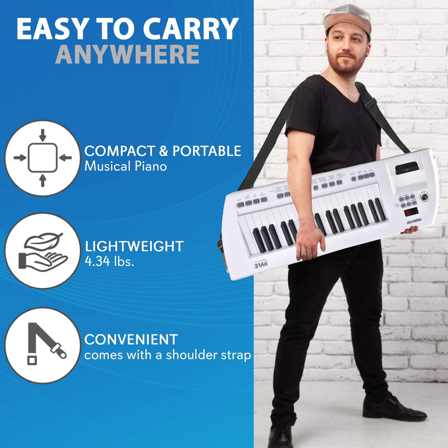 Pyle Electric Piano, 37-Key Music Keyboard, Built-in Stereo Speakers, Rechargeable Battery, Wired Microphone, Portable Design, Tones, 200 Rhythms (PKBRD37WT)