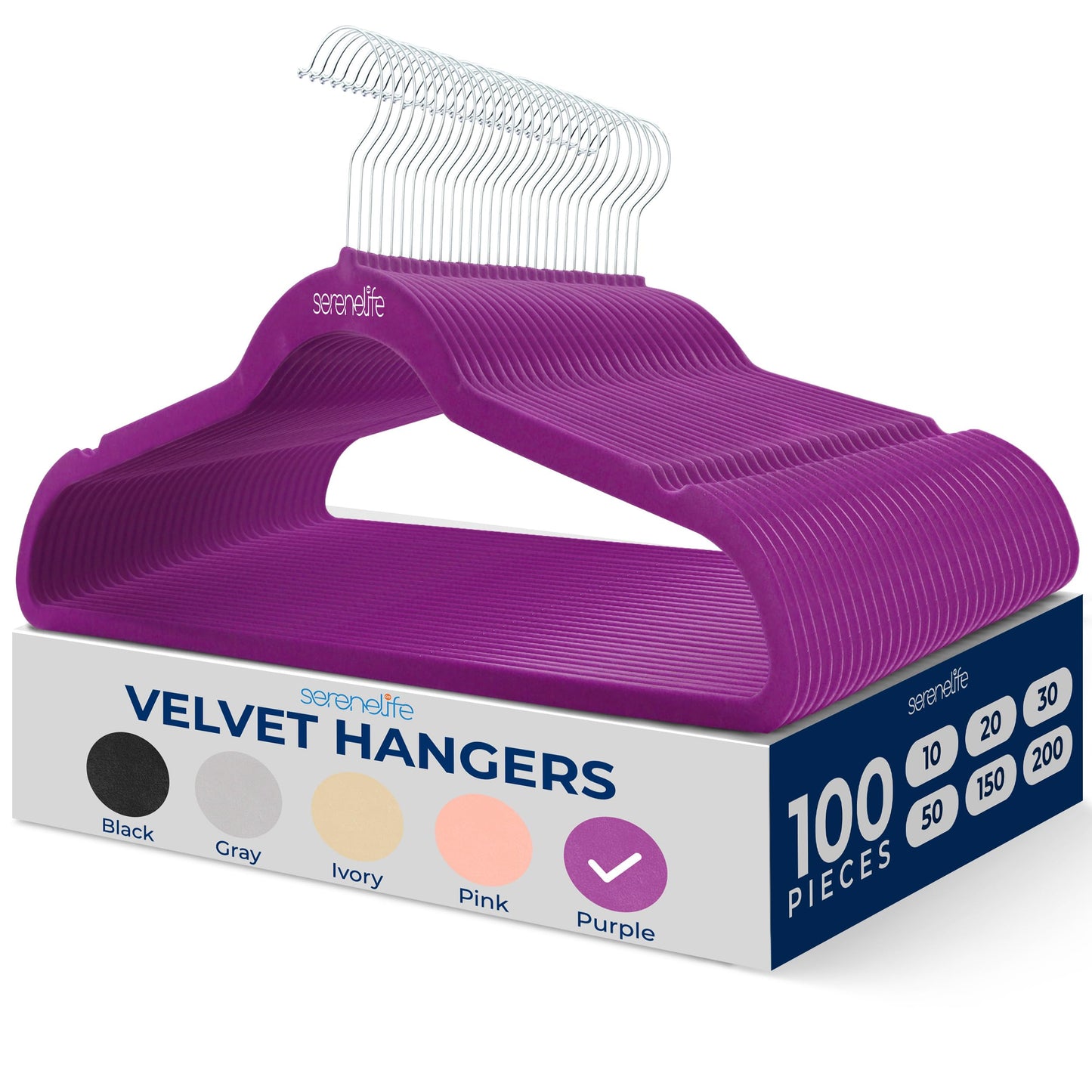 SereneLife 100 Pack Velvet Hangers - Non-Slip Felt with 360° Swivel Hook, Space-Saving, Ultra-Thin, Lightweight for Shirts, Sweaters, Hoodies, Kids Clothes & Dresses
