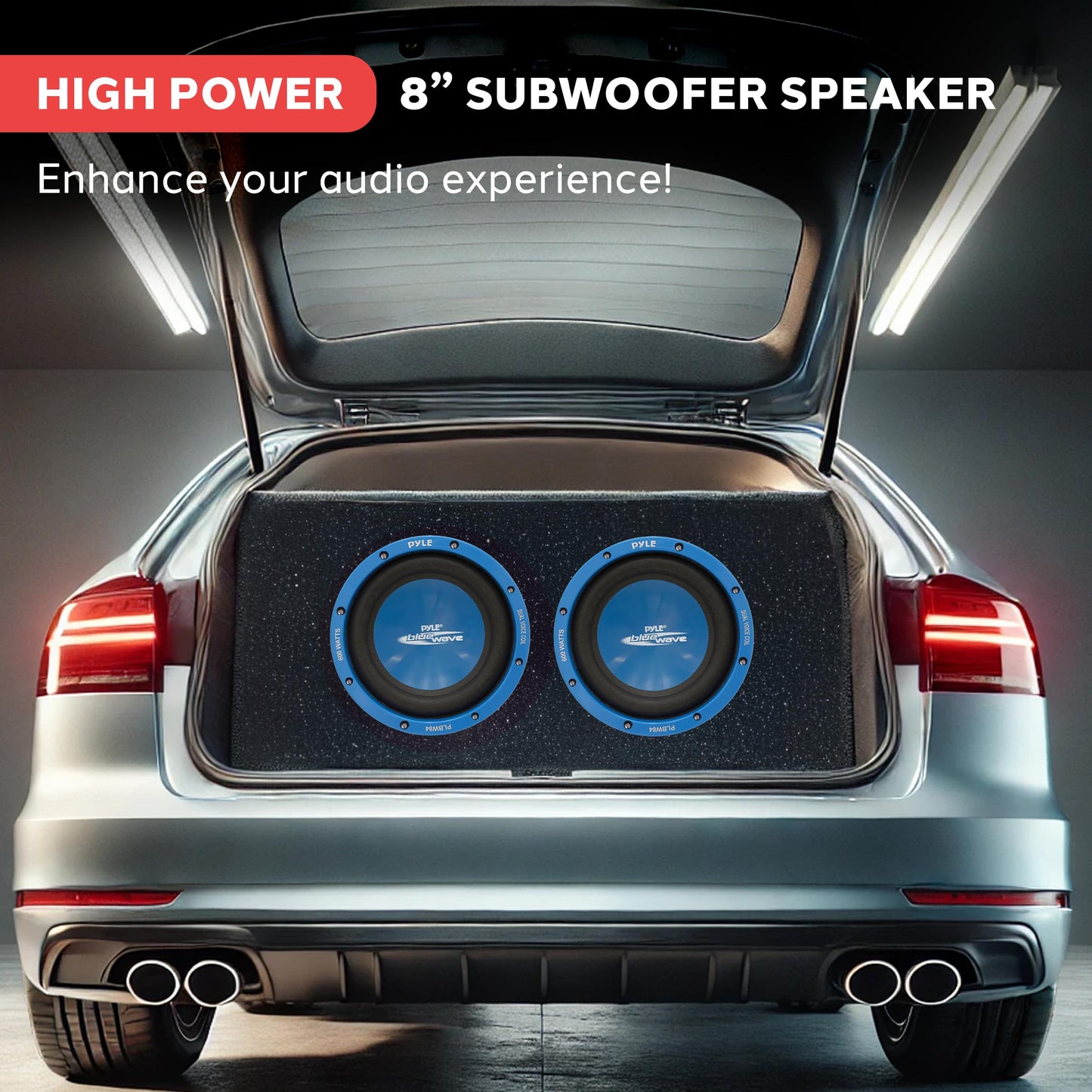 Pyle Car Vehicle Subwoofer Audio Speaker - 8 Inch Blue Injection Molded Cone, Blue Chrome-Plated Plastic Basket, Dual Voice Coil 4 Ohm Impedance, 600 Watt Power, Vehicle Stereo Sound System PLBW84