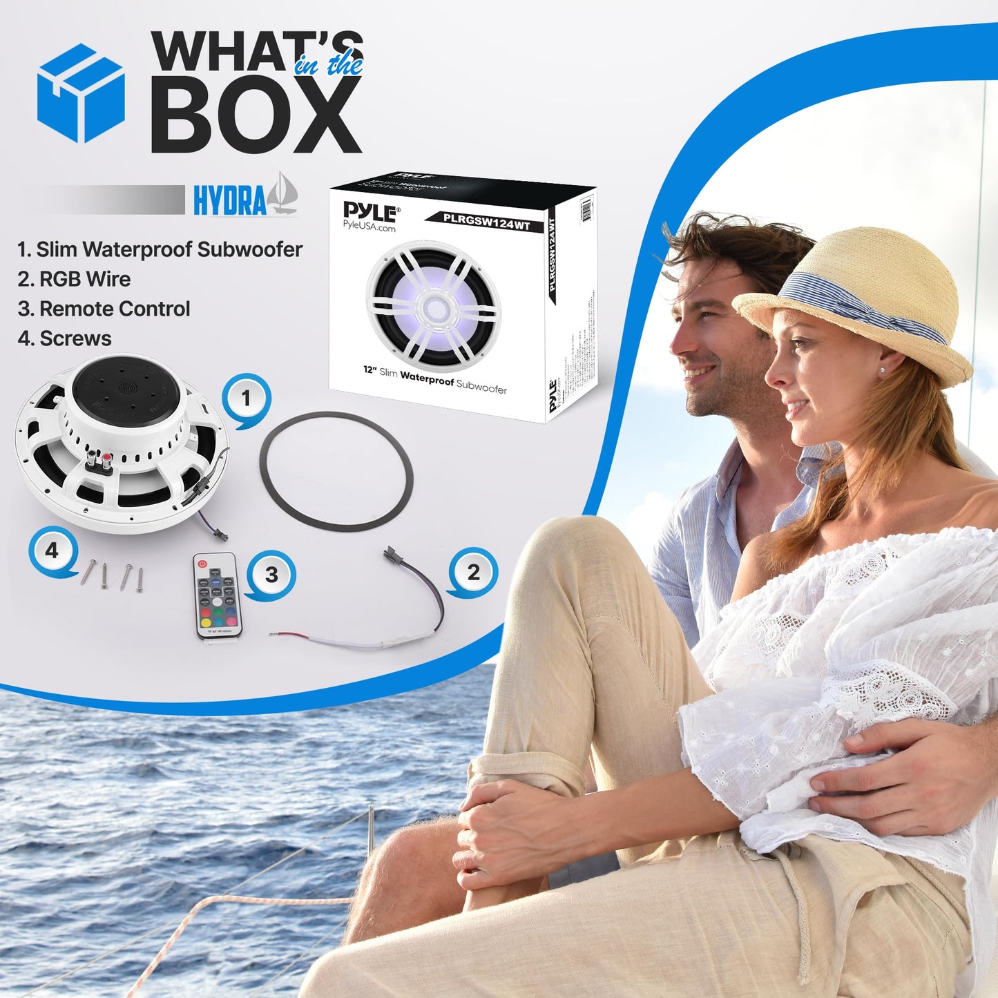 Pyle 12” Slim Marine Subwoofer - 500W 4 Ohm Waterproof Car Component Speaker System, Low Profile PP Cone w/ Rubber Edge, 50 Oz Magnet 2.5" Voice Coil, RGB Lights, For Boat Truck Mobile Vehicle (White)
