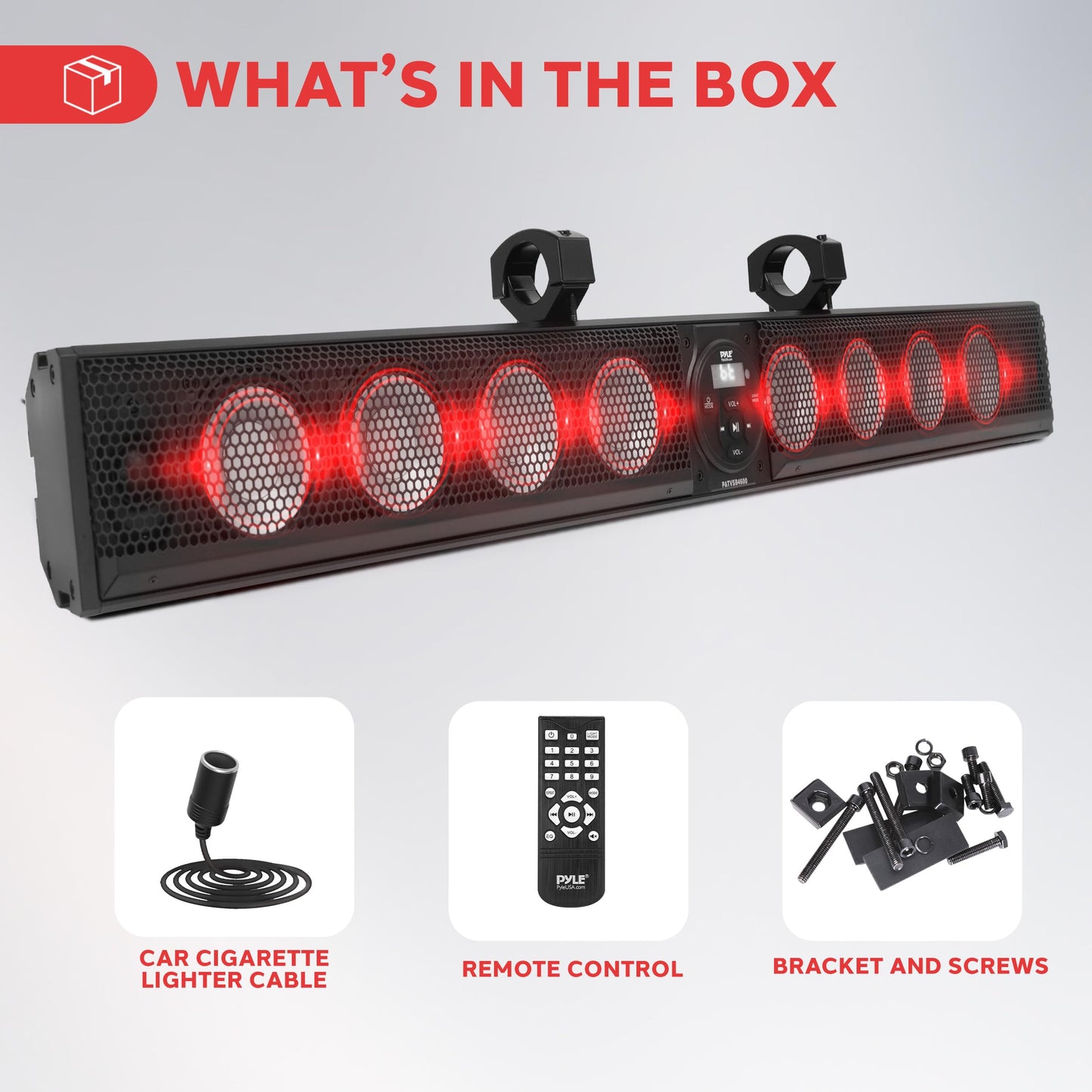 Pyle 46" Marine Sound Bar Speaker System for ATV/UTV with Bluetooth, 360W Peak Power Built-in Amplifier, 8x4 Woofers, 2x1 Treble, Remote Control, USB/AUX Input, Handlebar Mount, IPX5 Waterproof