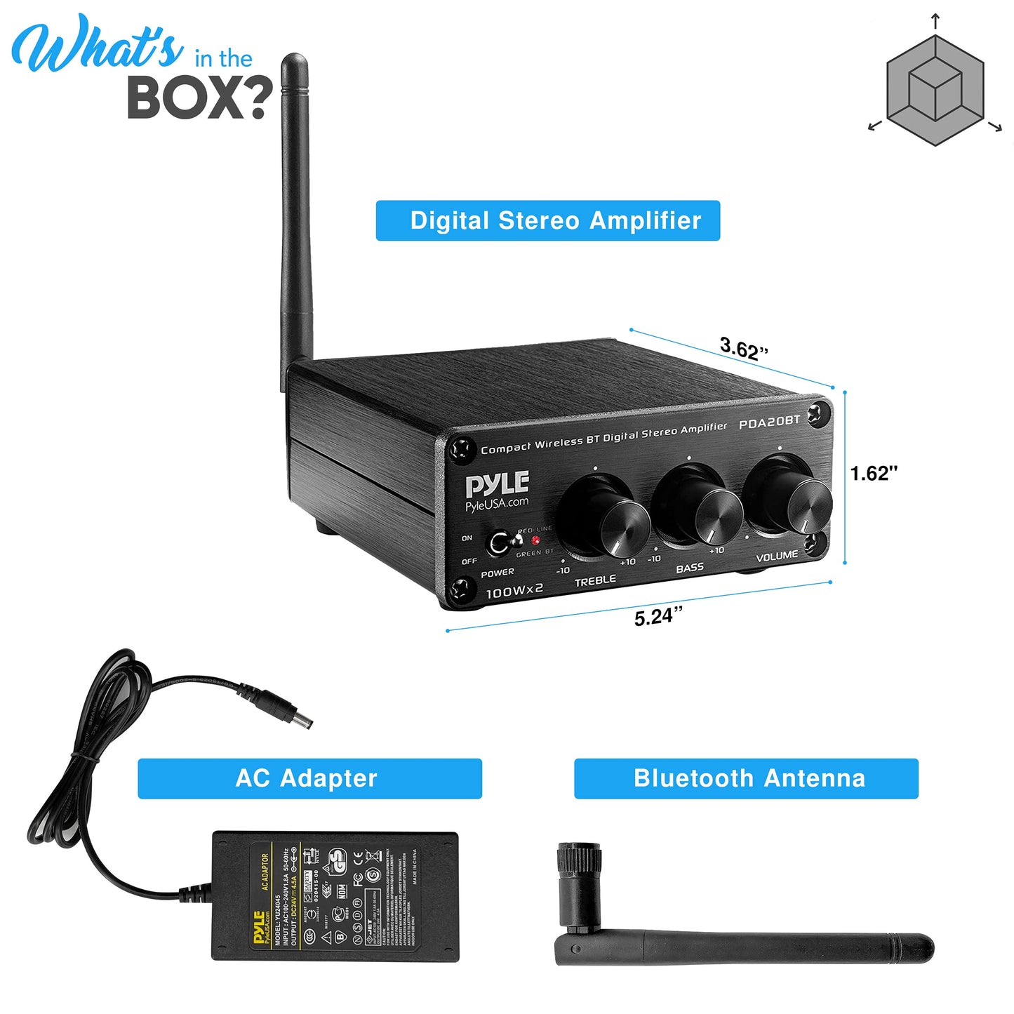 Pyle 2x100W Bluetooth HiFi Mini Audio Amplifier - Class D Stereo Receiver - Aluminum Diecast - for Desktop/PC - Wireless Streaming - Headphone Jack - PDA20BT