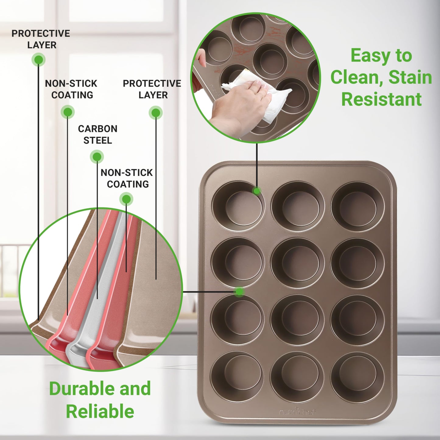 NutriChef 12 Cup Nonstick Muffin Pans for Cupcakes, 2-Piece Cupcake Mould, Non-Toxic Carbon Steel Stackable Cup Cake Tray, Dishwasher Safe, Easy Release, Easy clean - Gold