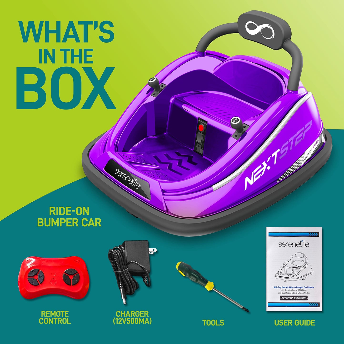 SereneLife 12V Electric Bumper Car for Kids – Remote Control Option, 360° Spin, LED Lights, Safety Belt, Kids Toddler Baby Bumper Car 3-8 Years (Purple)