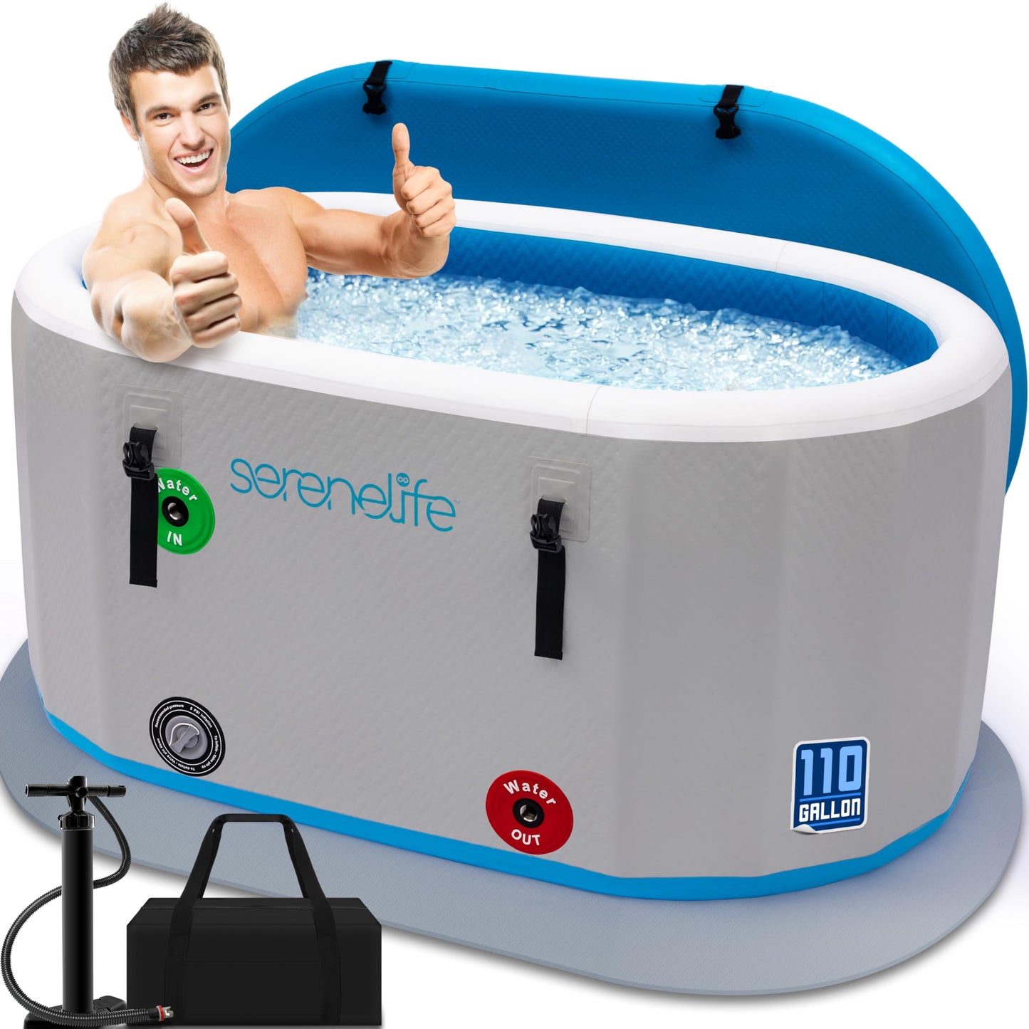 SereneLife Inflatable Cold Plunge Tub Ice Bath, 105 Gal One Person Ice Bath Tub with Lid, Drop Stitch PVC, Double Layer Seals, Heavy Duty Cold Plunge Therapy Recovery Pod for Athletes
