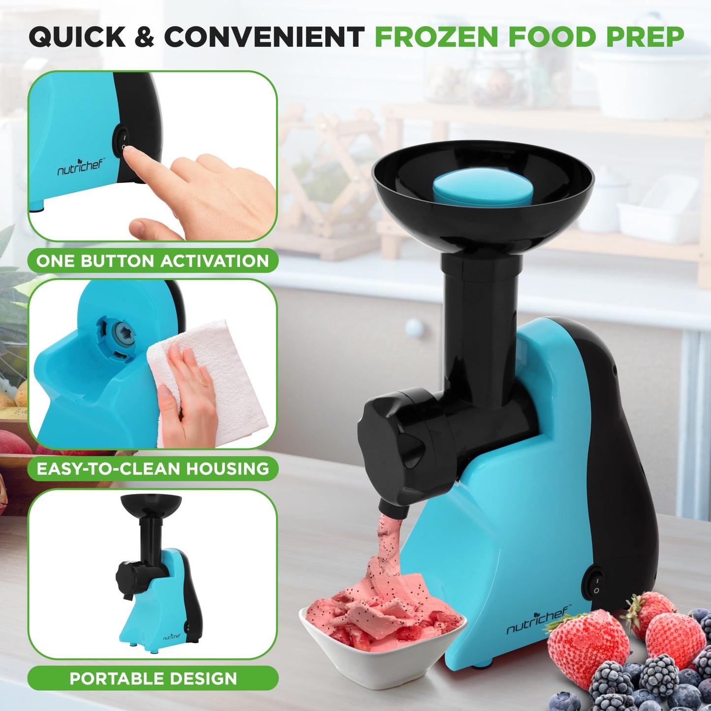 NutriChef Electric Frozen Fruit Dessert Maker - Fruit Sorbet Machine - Make Ice Cream, Dessert, Gelato, Smoothies, Slushies & Frozen Yogurt - Includes Food Plunger & Recipe Book - Blue