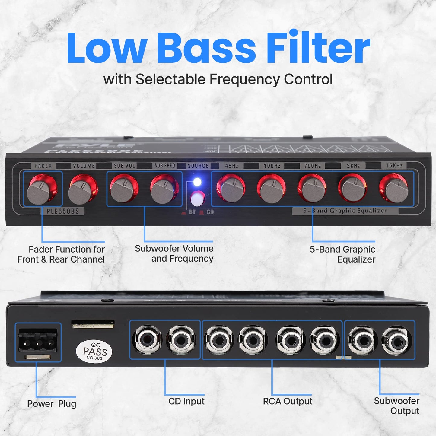 PyleUsa 5 Bands Graphic Equalizer with SUB Volume Adjustable for Subwoofer Channel, Built in Bluetooth for Wireless Music Streaming, Stereo RCA Output, Aux RCA Input, Mounting Hardware Included