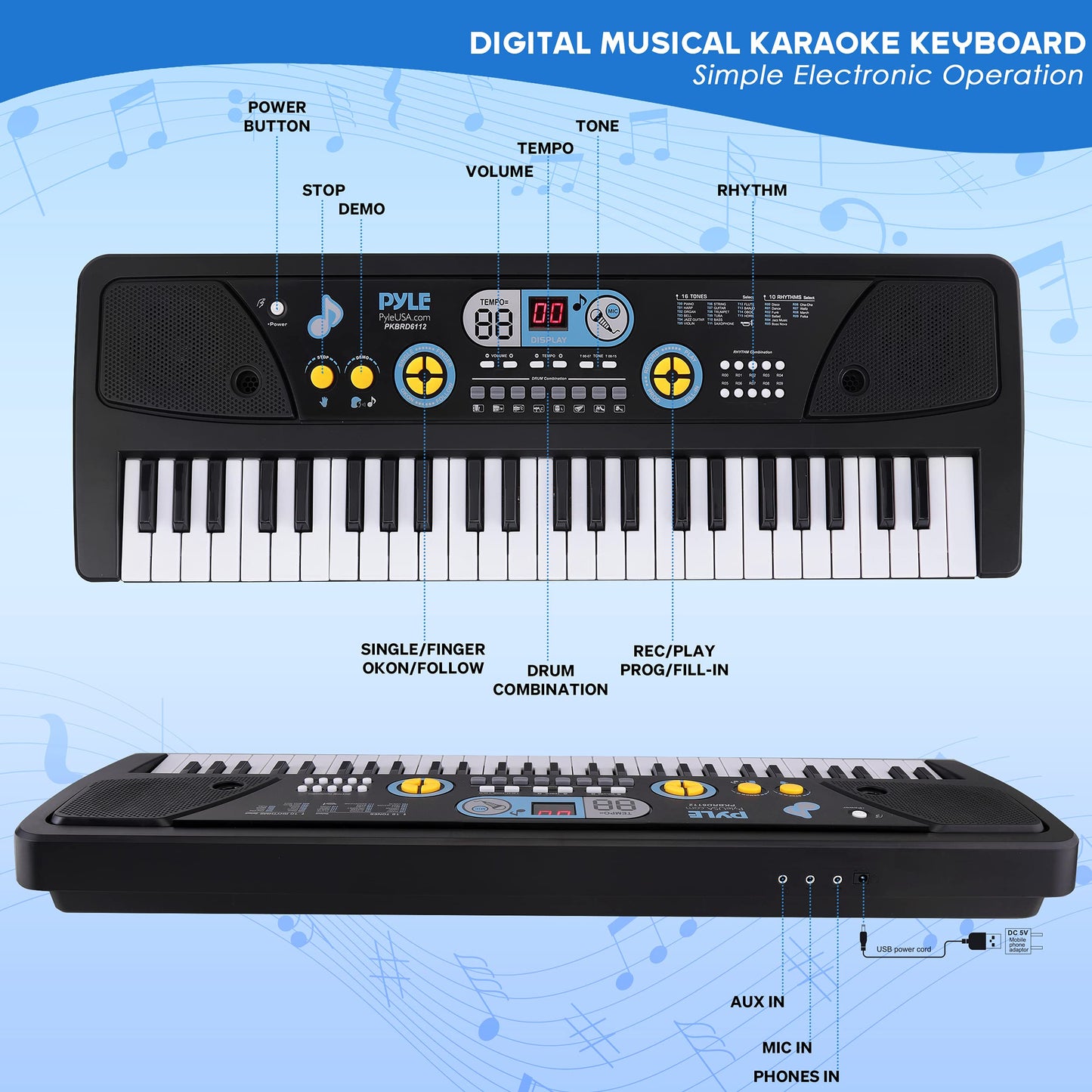 Pyle, Electric Keyboard 61 Keys-Portable Digital Musical Karaoke Piano Keyboard-10 Rhythms 16 Tones, Stereo Speakers, Rechargeable Battery-Wired Microphone-Beginners Kids (PKBRD6112), Compact