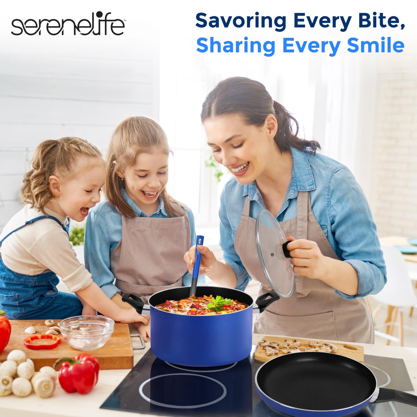 SereneLife 15-Pc Blue Cookware Set - Non-Stick, Heat-Resistant Pots & Pans with Lids, Dishwasher Safe, Includes Matching Utensils
