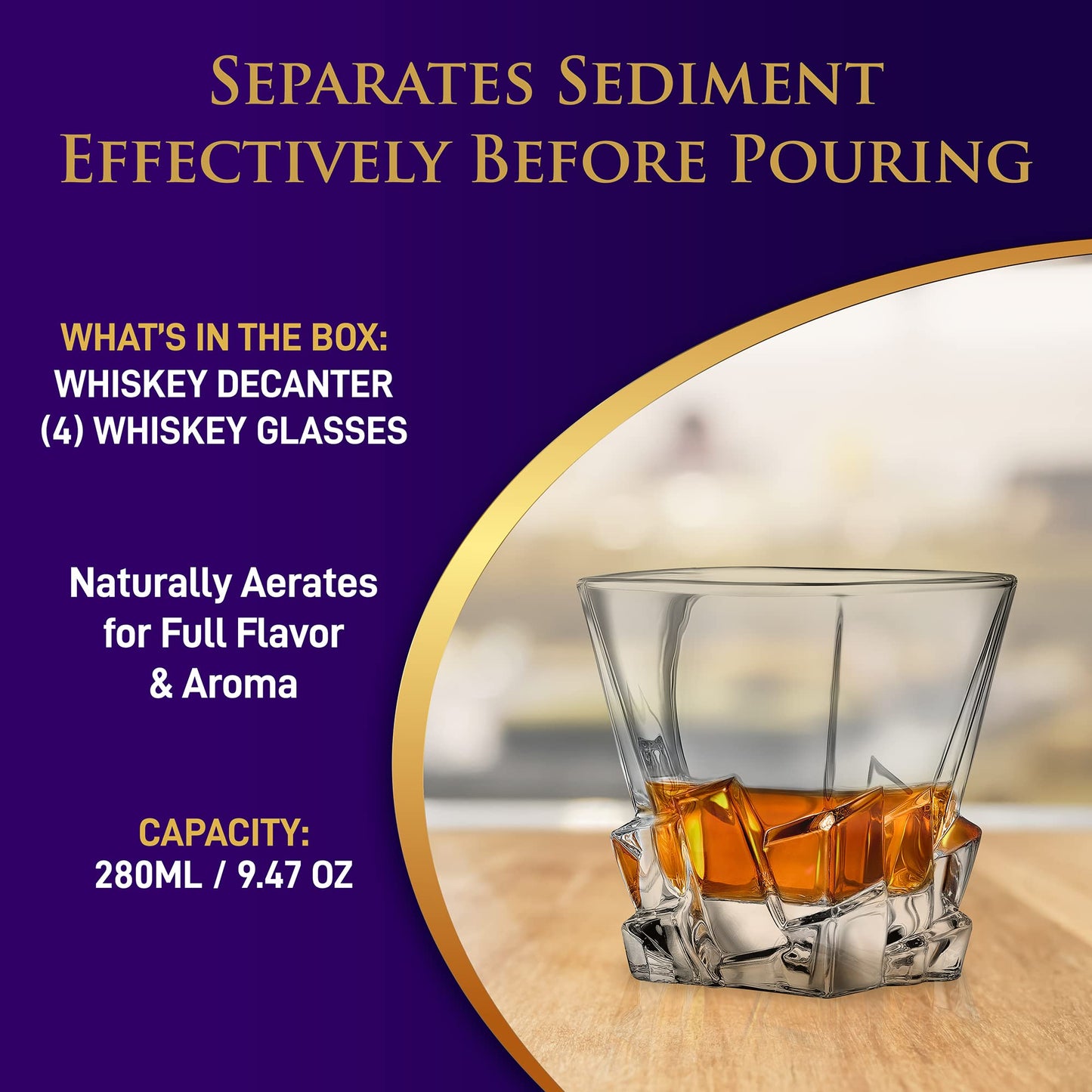 NutriChef Home Bar Whiskey Decanter Set, Glass Decanter with Four 800ml Whiskey Glasses, Elegantly Styled with Real Crystal for Maximum Flavor and Shelf Life, Naturally Aerates, Dishwasher Safe