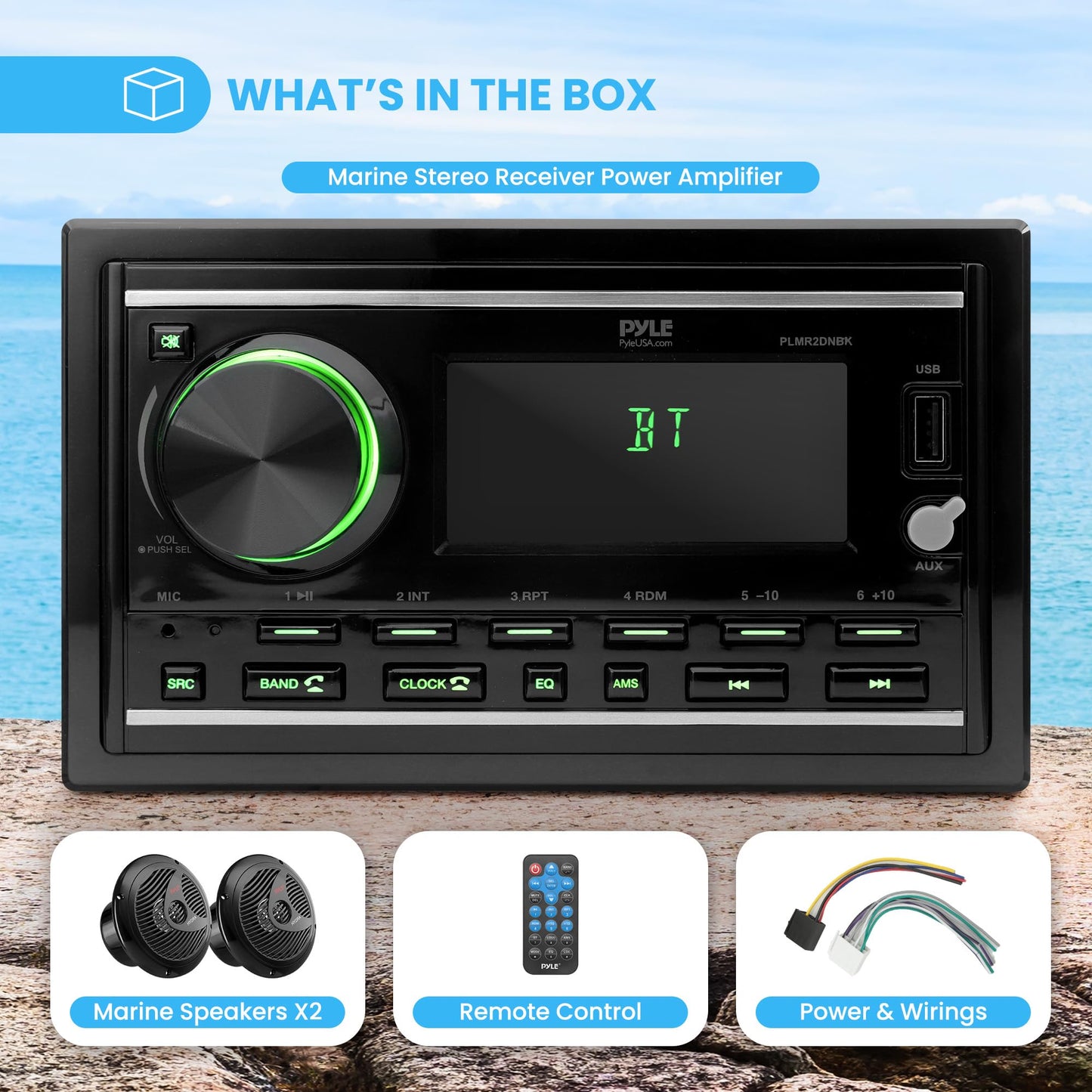 Pyle Boat Bluetooth Marine Stereo Receiver - Marine Head Unit Double DIN Stereo Receiver Power Amplifier & Speaker Kit - Hands-Free Calling, AM/FM/MP3/BT/USB/AUX - Remote, Speakers - Pyle PLMR2DNBK
