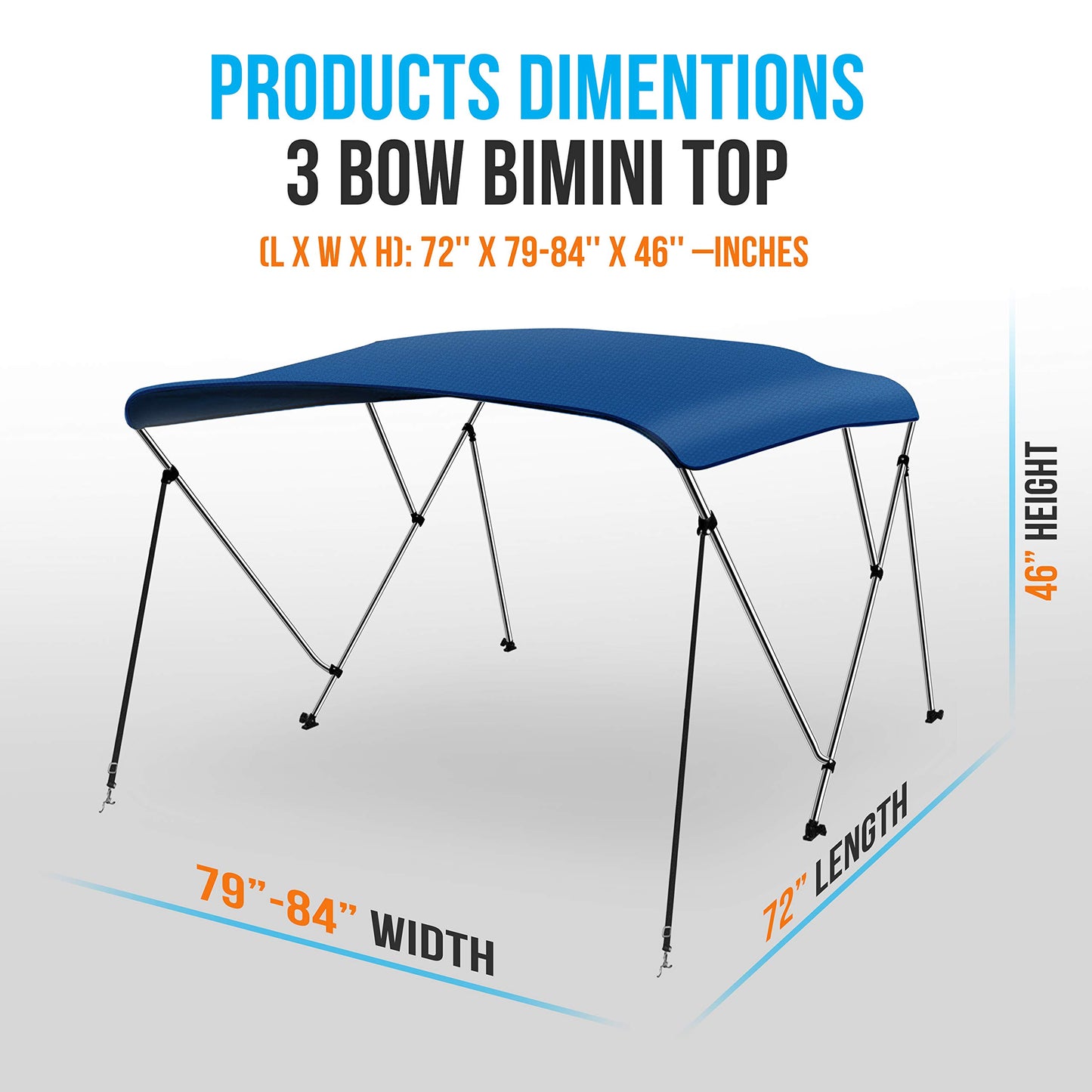 SereneLife Waterproof Boat Bimini Top Cover-79-84'W 3 Bow Bimini Top Canvas Sun Shade Boat Canopy 1' Double Wall Alu Frame Tube,2 Straps 2 Rear Support Poles,Storage Boot-SLBT3RB794(Royal Blue)