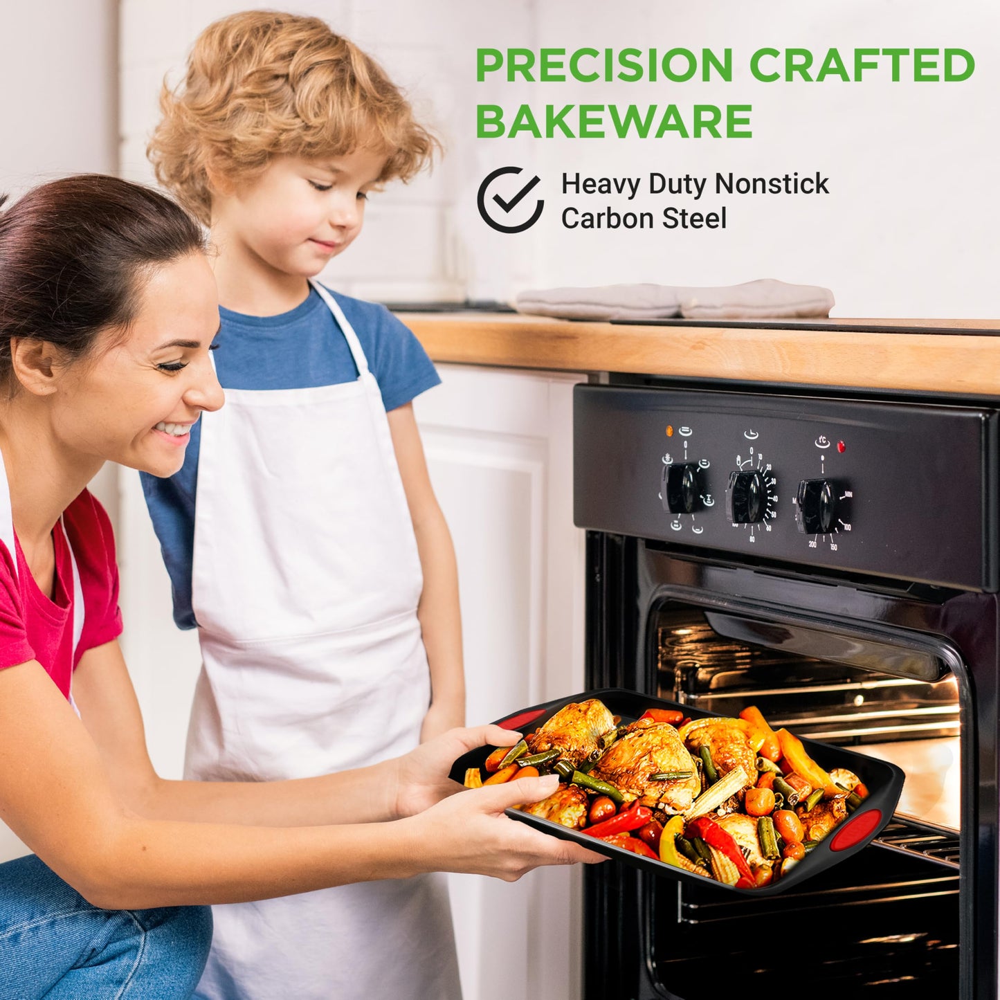 NutriChef 6-Piece Nonstick Baking Pan Set - Premium Steel Bakeware w/Silicone Handles - Includes 2 Baking Sheets, 12-Cup Muffin, Loaf, & Roaster Pan w/BPA-Free Lid - Easy to Clean, Black