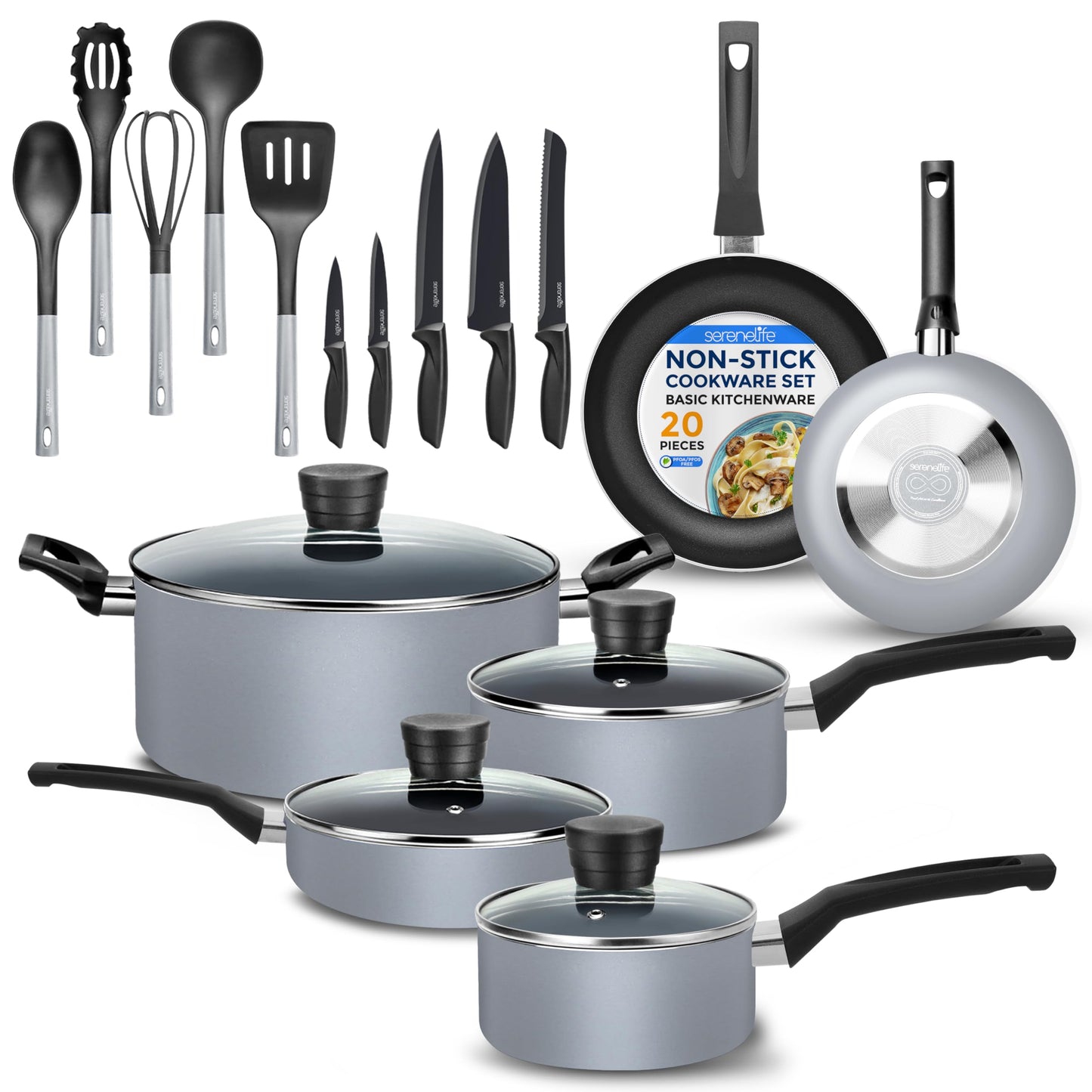 SereneLife Kitchenware Pots & Pans Basic Kitchen Cookware, Black Non-Stick Coating Inside, Heat Resistant Lacquer (20-Piece Set), One Size, Gray