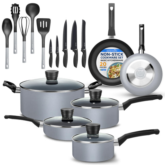 SereneLife Kitchenware Pots & Pans Basic Kitchen Cookware, Black Non-Stick Coating Inside, Heat Resistant Lacquer (20-Piece Set), One Size, Gray
