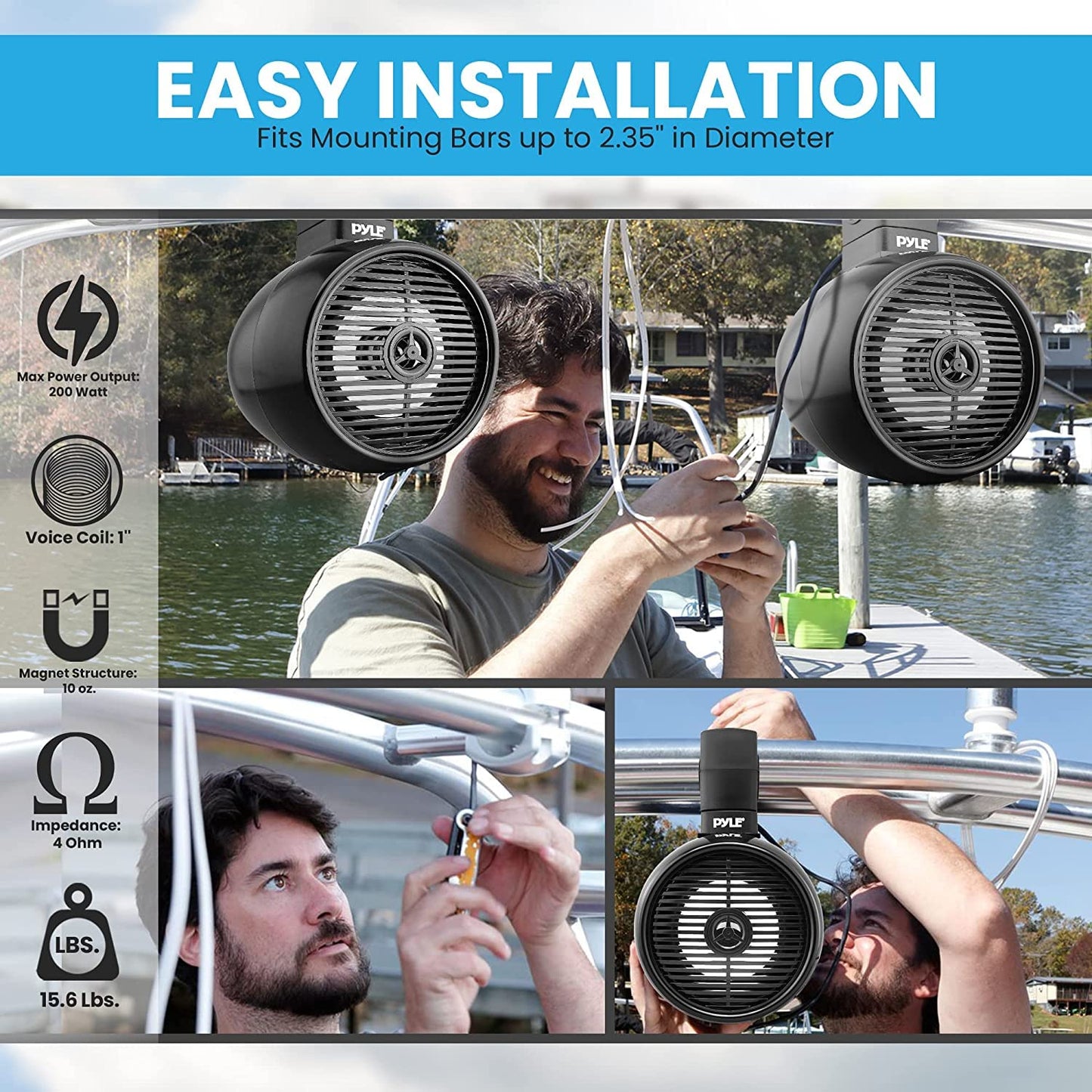 Bluetooth Waterproof Off-Road Speakers - 6.5” 200W 2-Way Marine Wakeboard Tower Sound System w/LED Light, Full Range Outdoor Stereo Speaker for Car ATV UTV, Jeep, Boat, Includes Brackets (Black)