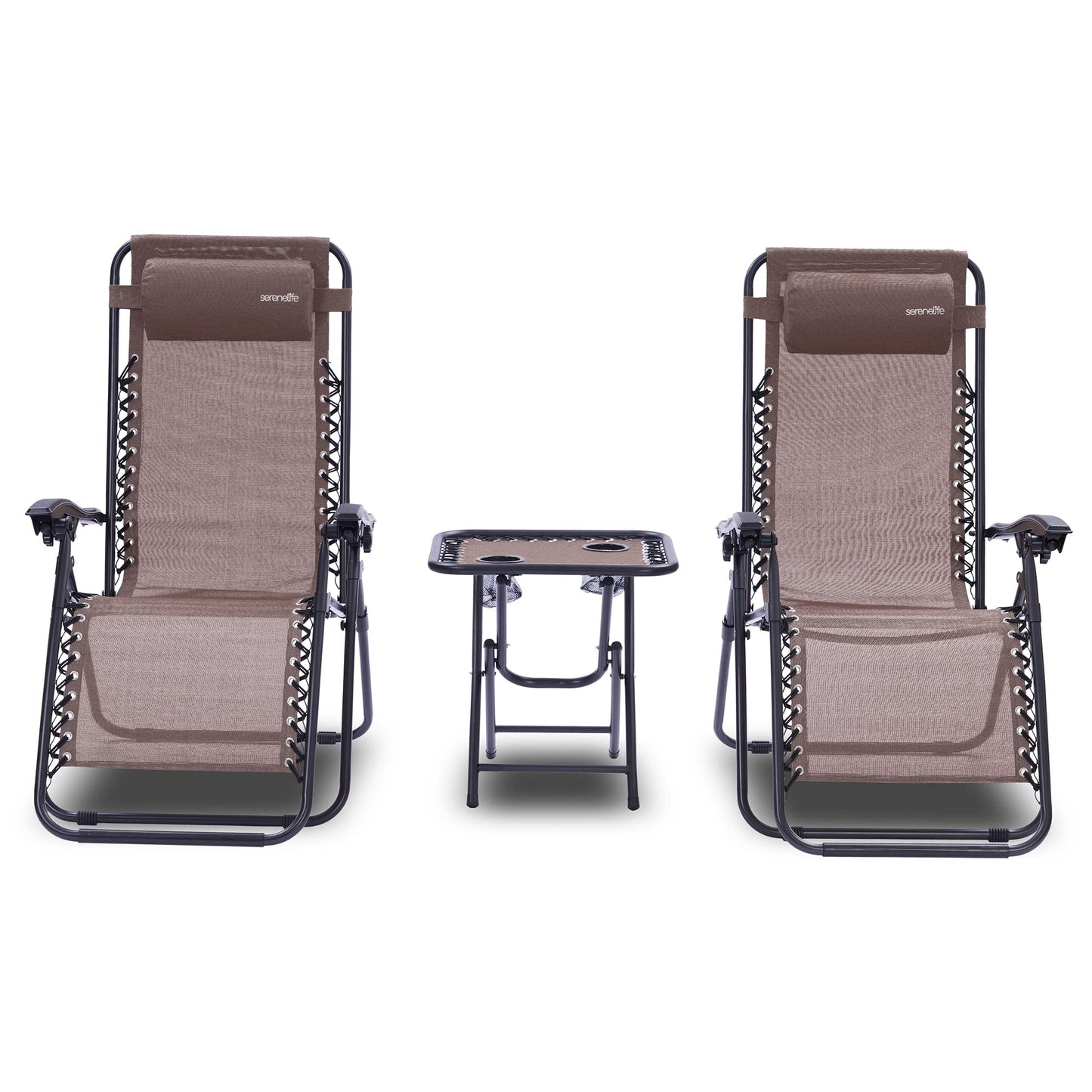 SereneLife Outdoor Zero Gravity Recliner Set with Table – 2-Pack Adjustable Lounge Seats with Headrest Pillow, Cup Holders – Foldable for Lawn, Patio, Camping – Brown