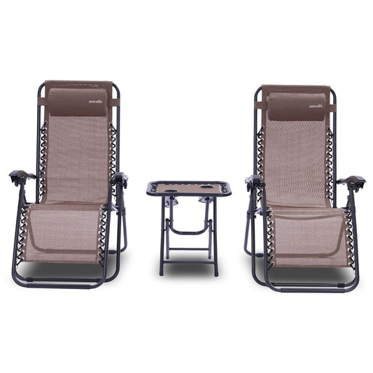 SereneLife Outdoor Zero Gravity Recliner Set with Table – 2-Pack Adjustable Lounge Seats with Headrest Pillow, Cup Holders – Foldable for Lawn, Patio, Camping – Brown