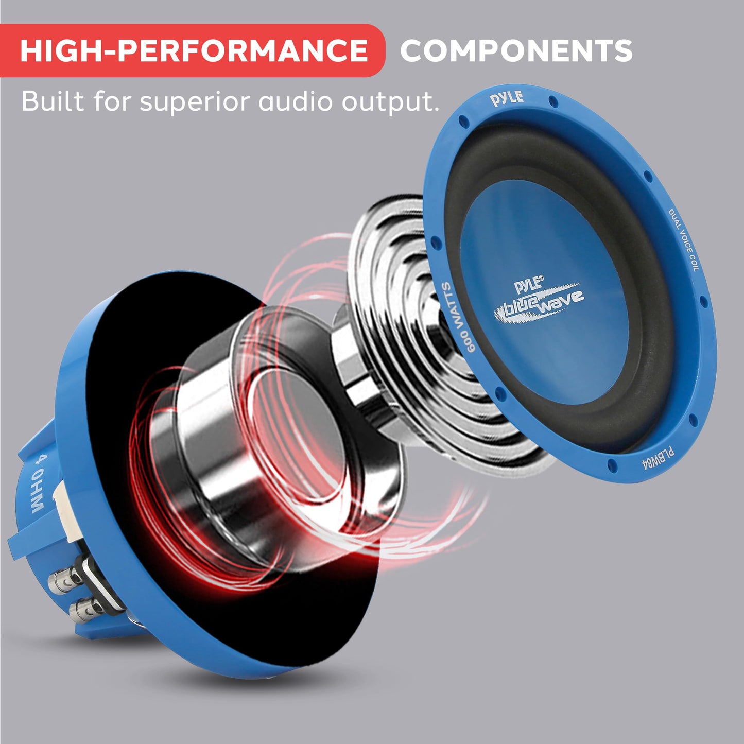 Pyle Car Vehicle Subwoofer Audio Speaker - 8 Inch Blue Injection Molded Cone, Blue Chrome-Plated Plastic Basket, Dual Voice Coil 4 Ohm Impedance, 600 Watt Power, Vehicle Stereo Sound System PLBW84