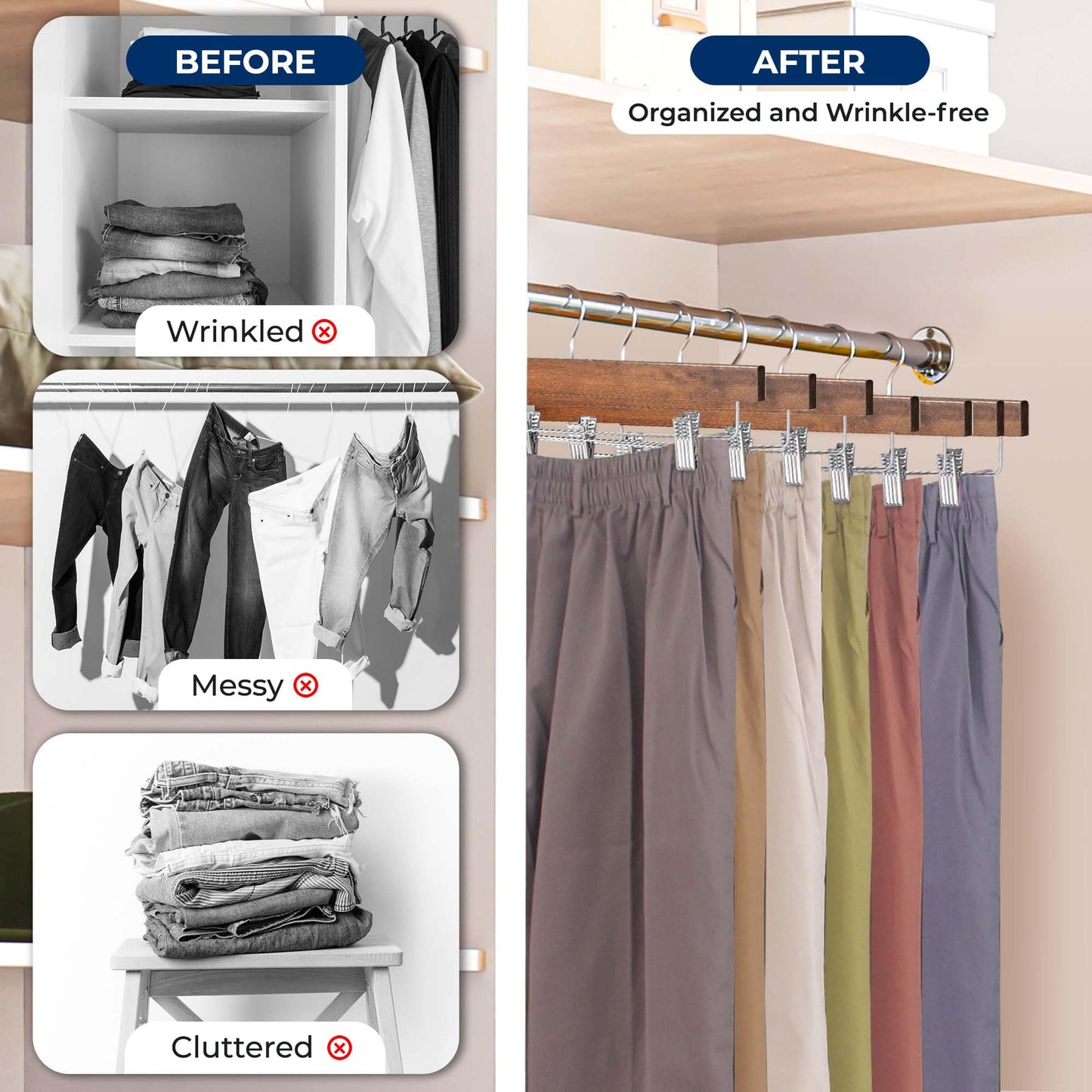 SereneLife 10 Pack Wooden Pants Hangers with Clips – Retro Brown 14"x0.5"x6.7", Heavy Duty Wood Skirt Hangers with 360° Swivel Hook & Adjustable Non-Slip Clips for Jeans Slacks Shorts