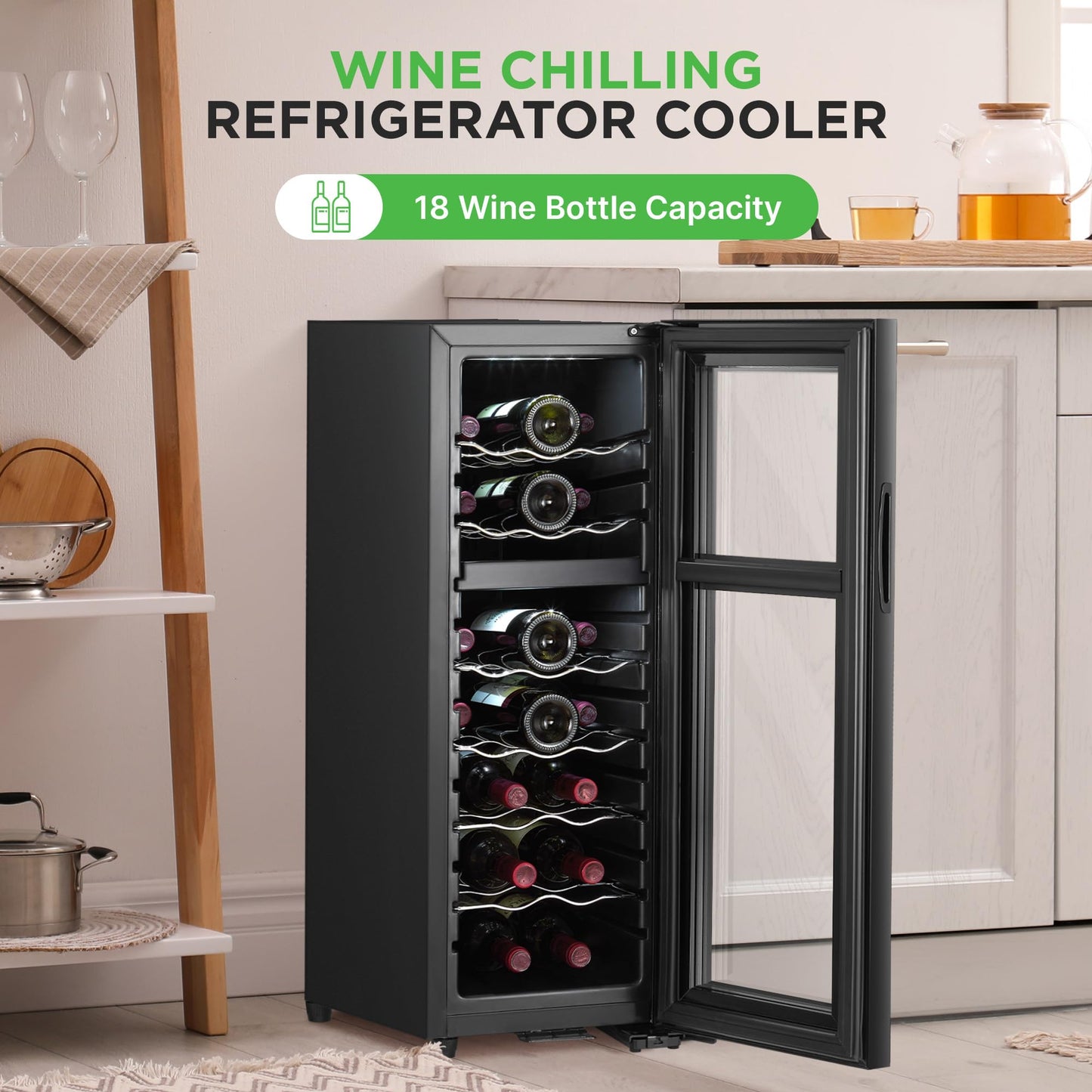 Nutrichef 18 Bottle Wine Fridge | Dual Zone Wine Chiller | Adjustable Temperature 41°F to 64°F | Ultra Quiet Operation | Wine Cooler For Home, & Office | Free Standing 32x11x26 IN (Black)