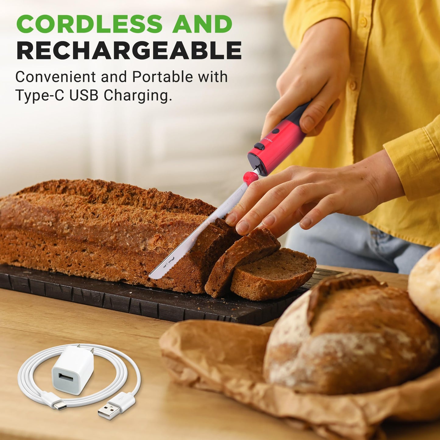 NutriChef Cordless Electric Knife | Easy to Use Constant ON/OFF Safety Function | Lightweight Kitchen Knife | Carve Turkey, Meats, Poultry, Bread & Cheese | 11.42’’ Stainless Steel Blades | Red