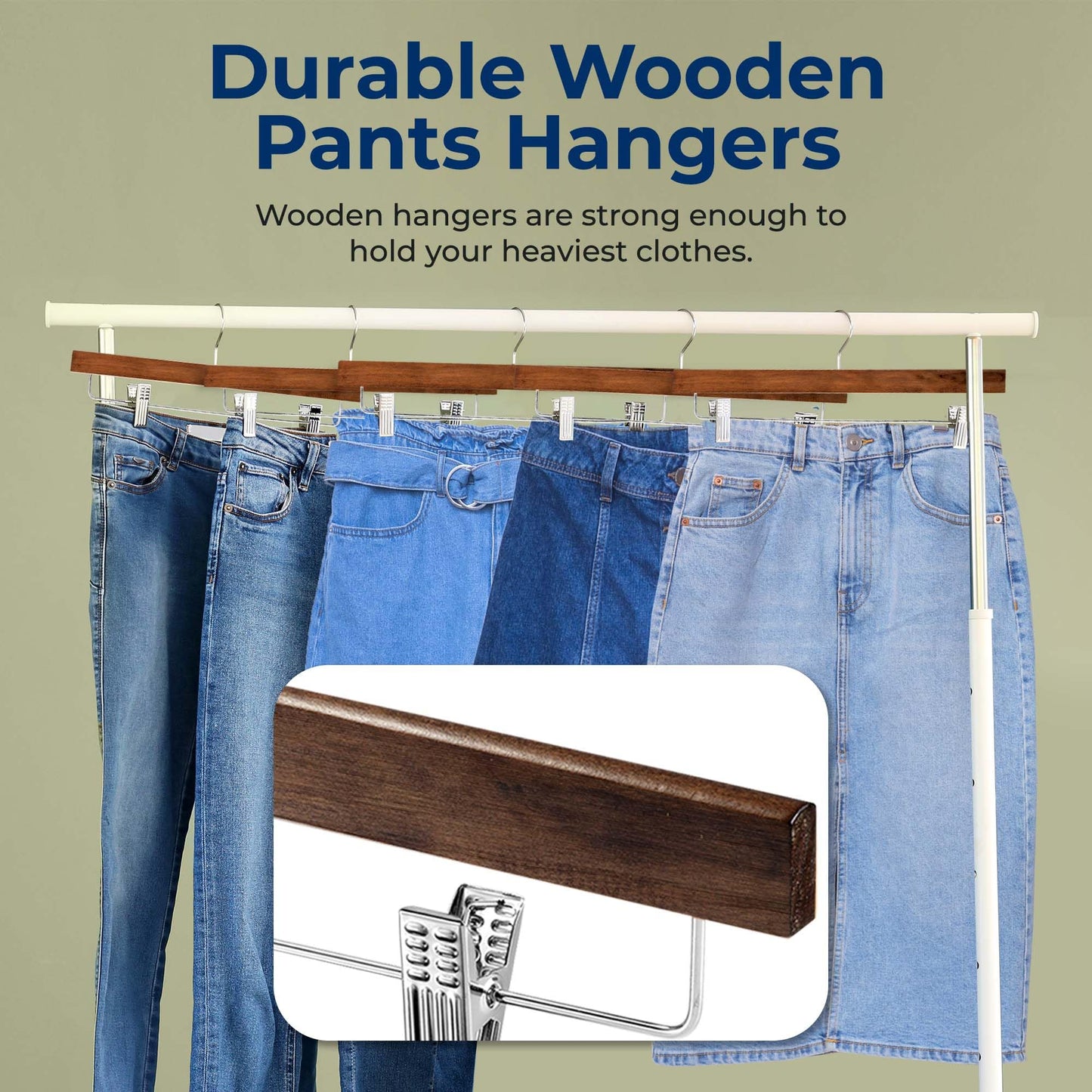SereneLife 10 Pack Wooden Pants Hangers with Clips – Retro Brown 14"x0.5"x6.7", Heavy Duty Wood Skirt Hangers with 360° Swivel Hook & Adjustable Non-Slip Clips for Jeans Slacks Shorts